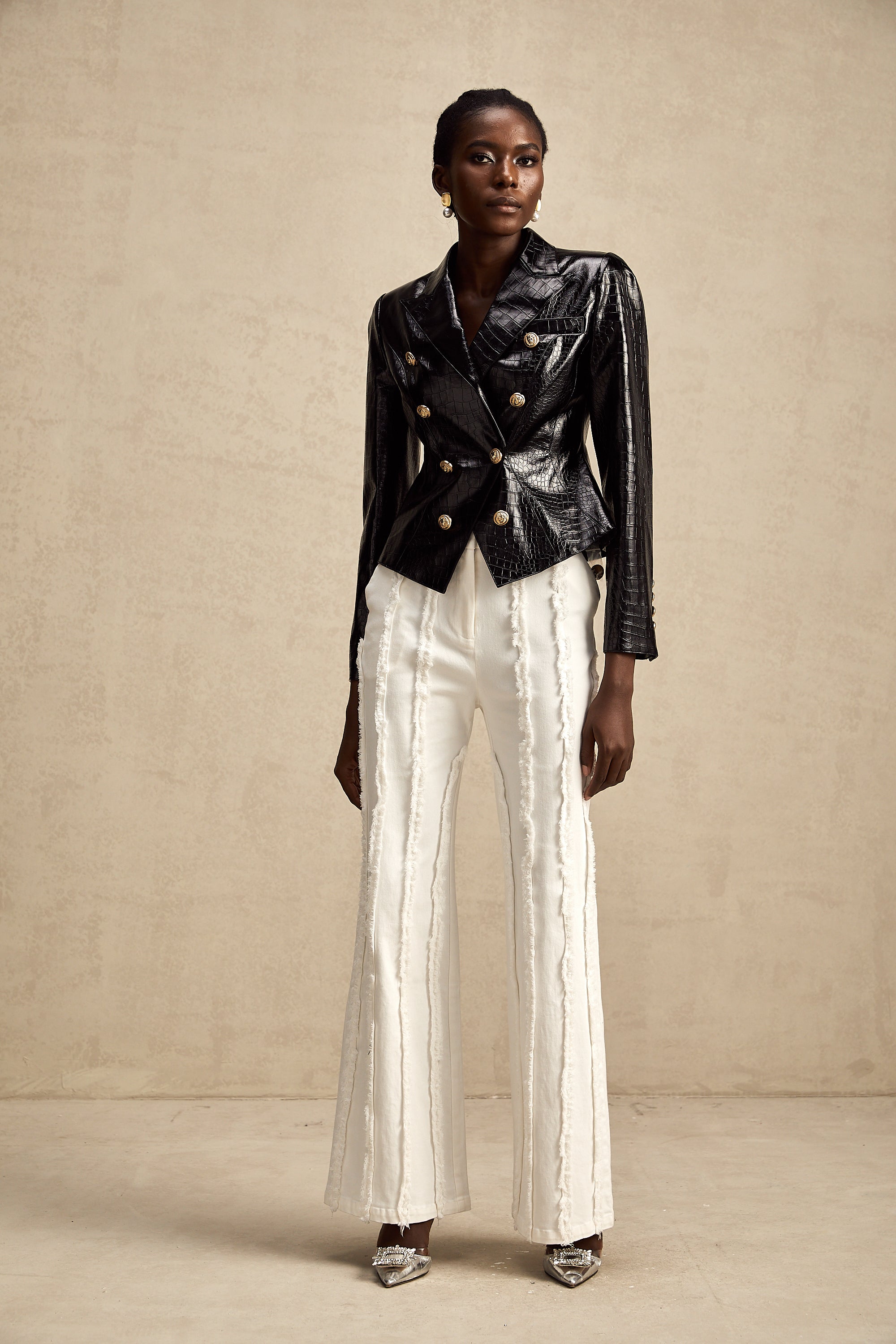 Élodie black cinched-waist leather jacket (US Only)