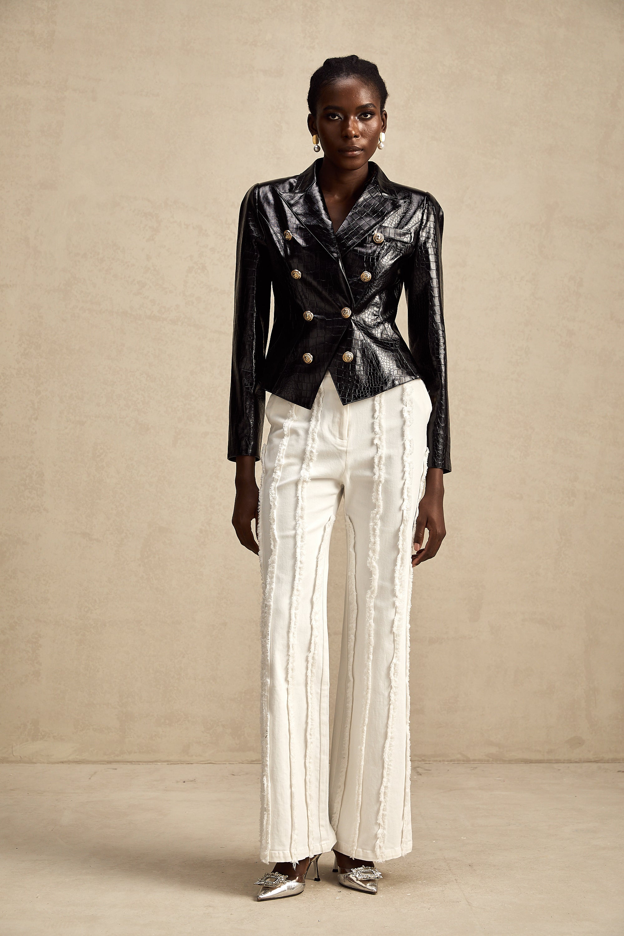 Élodie black cinched-waist leather jacket (US Only)