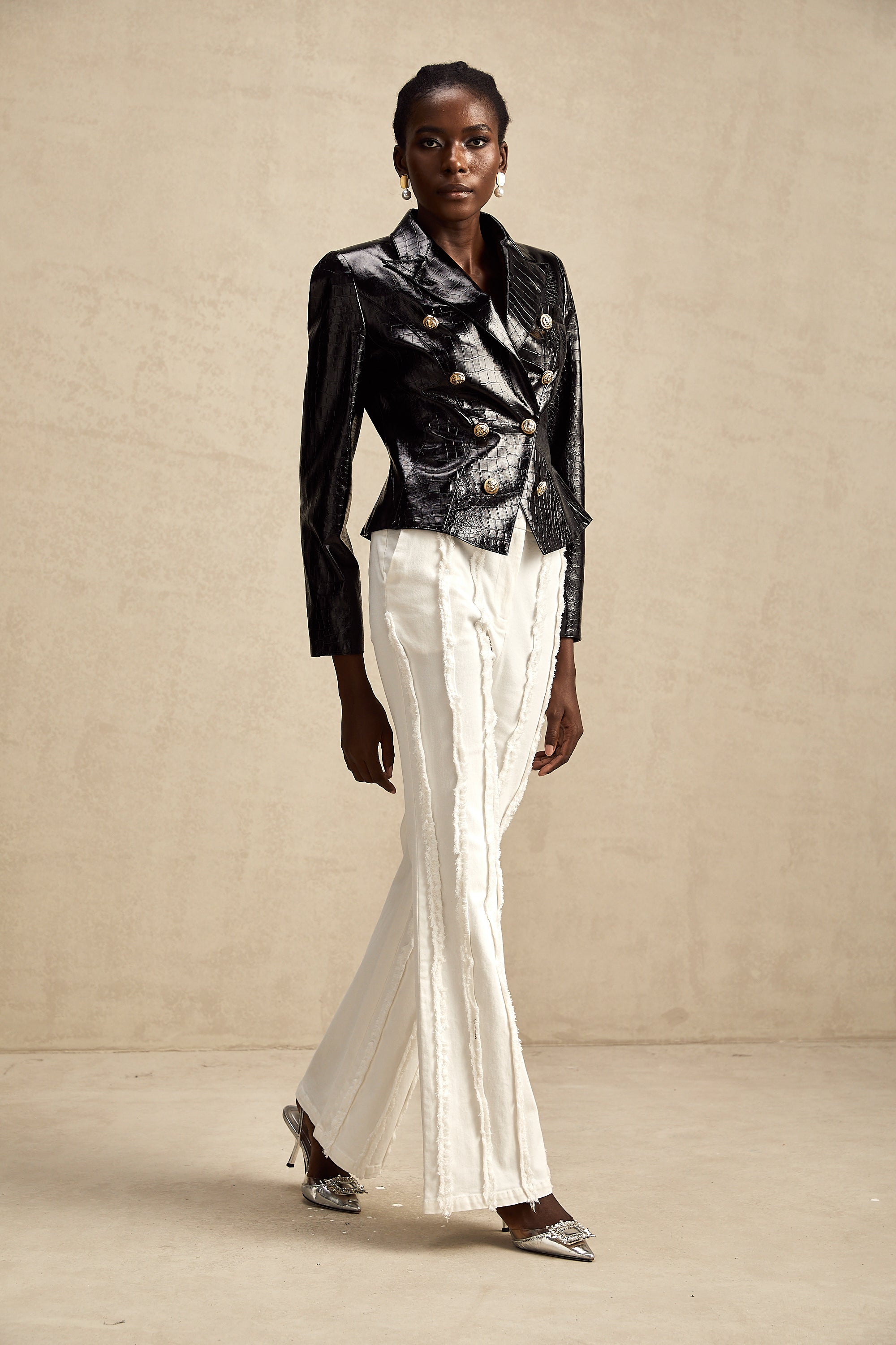 Élodie black cinched-waist leather jacket (US Only)