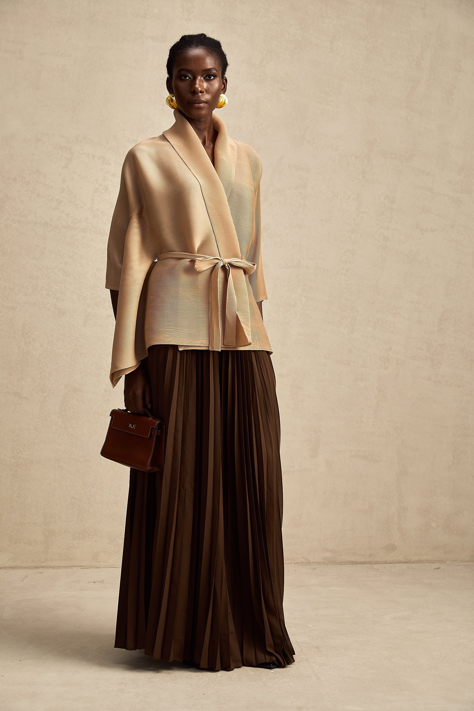 Adèle cape-design pleated top & skirt matching set