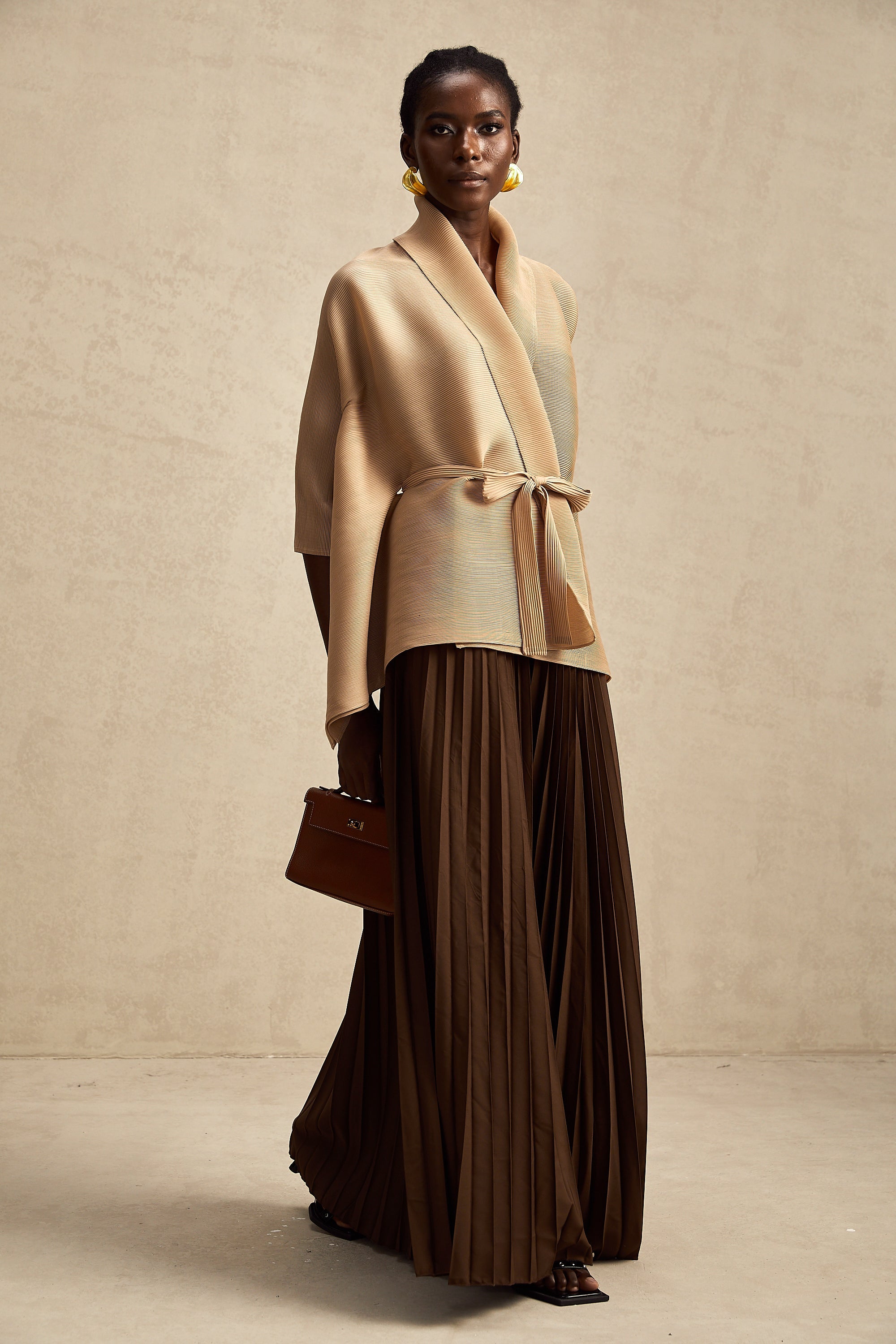 Adèle cape-design pleated top & skirt matching set