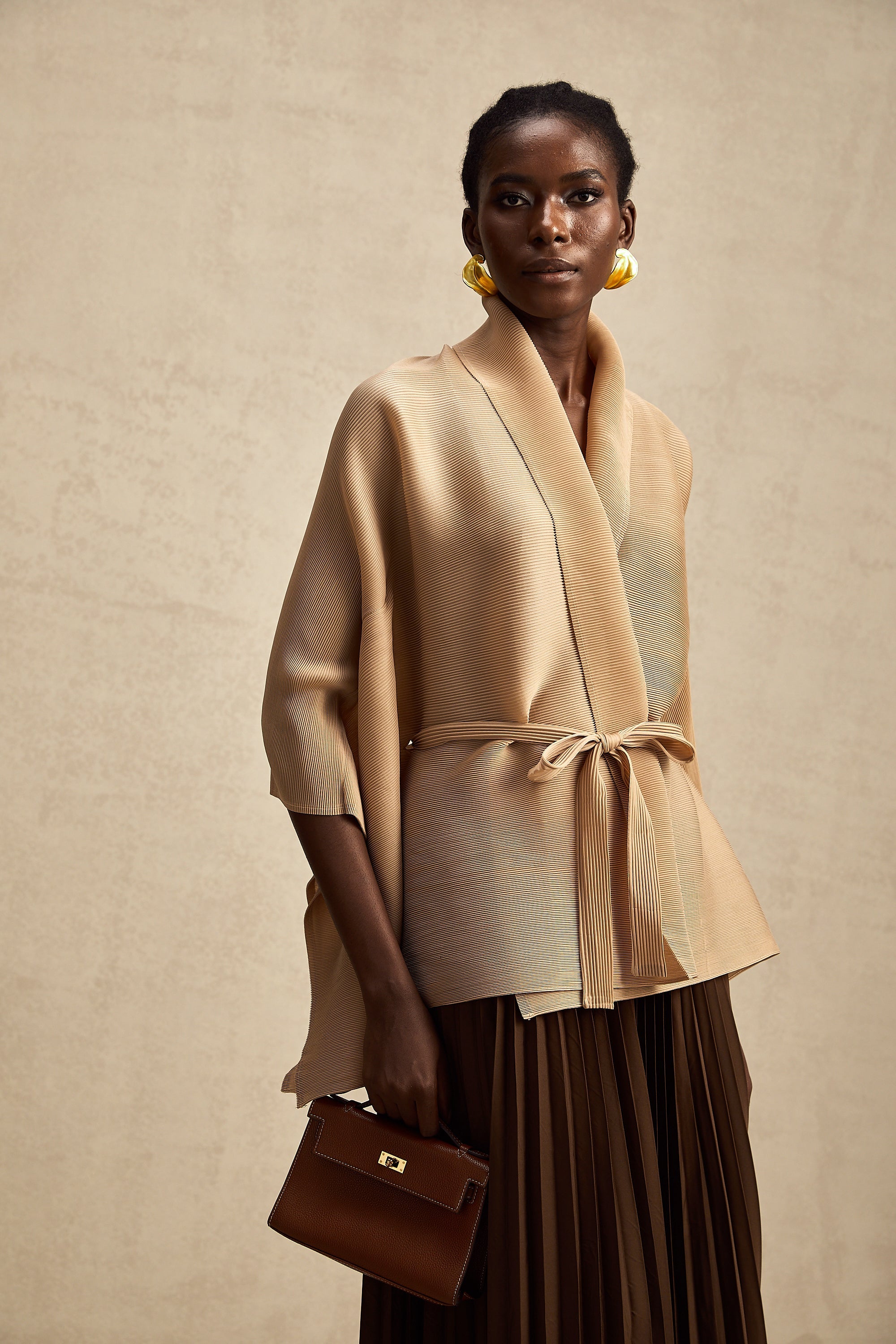 Adèle cape-design pleated top & skirt matching set