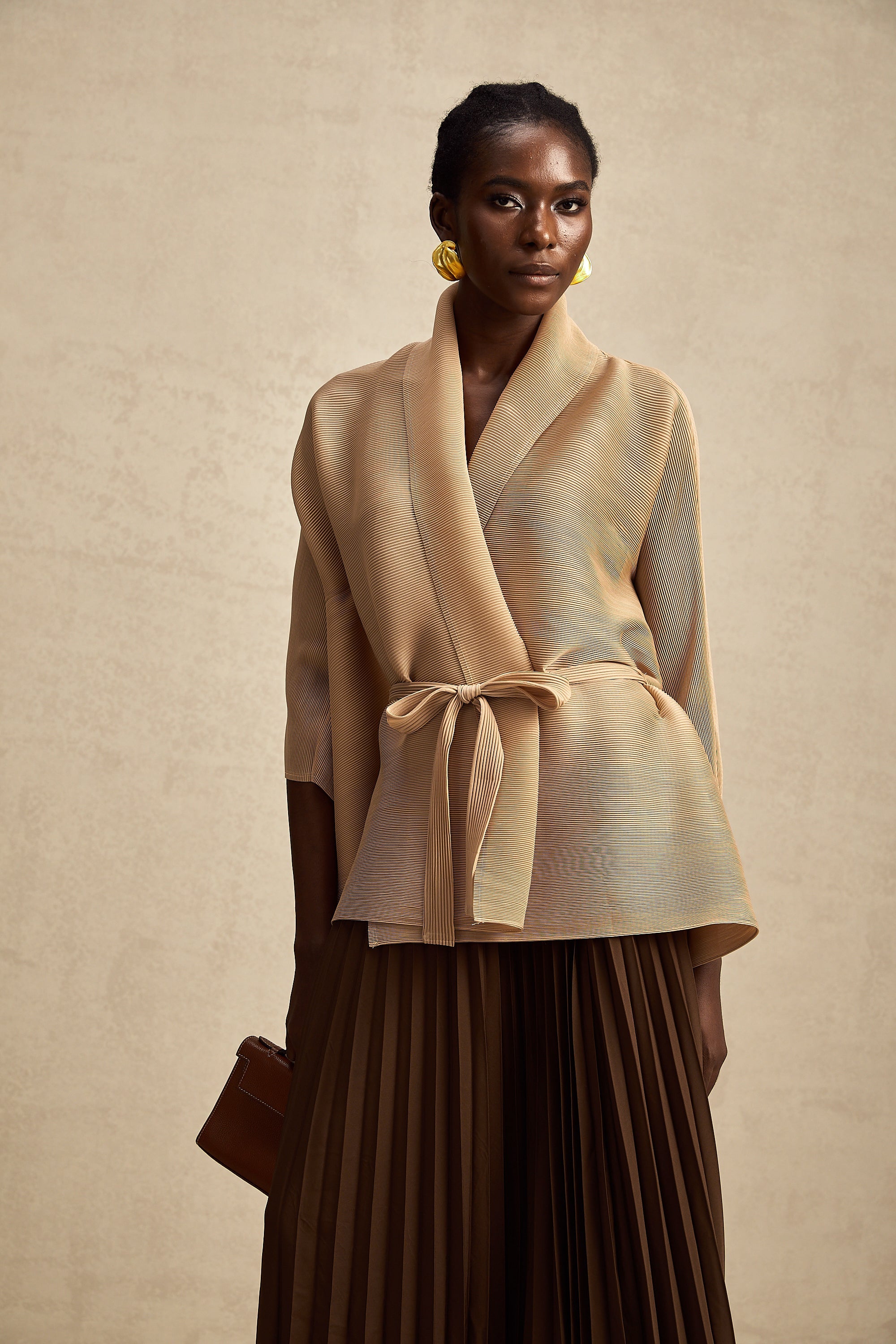 Adèle cape-design pleated top & skirt matching set