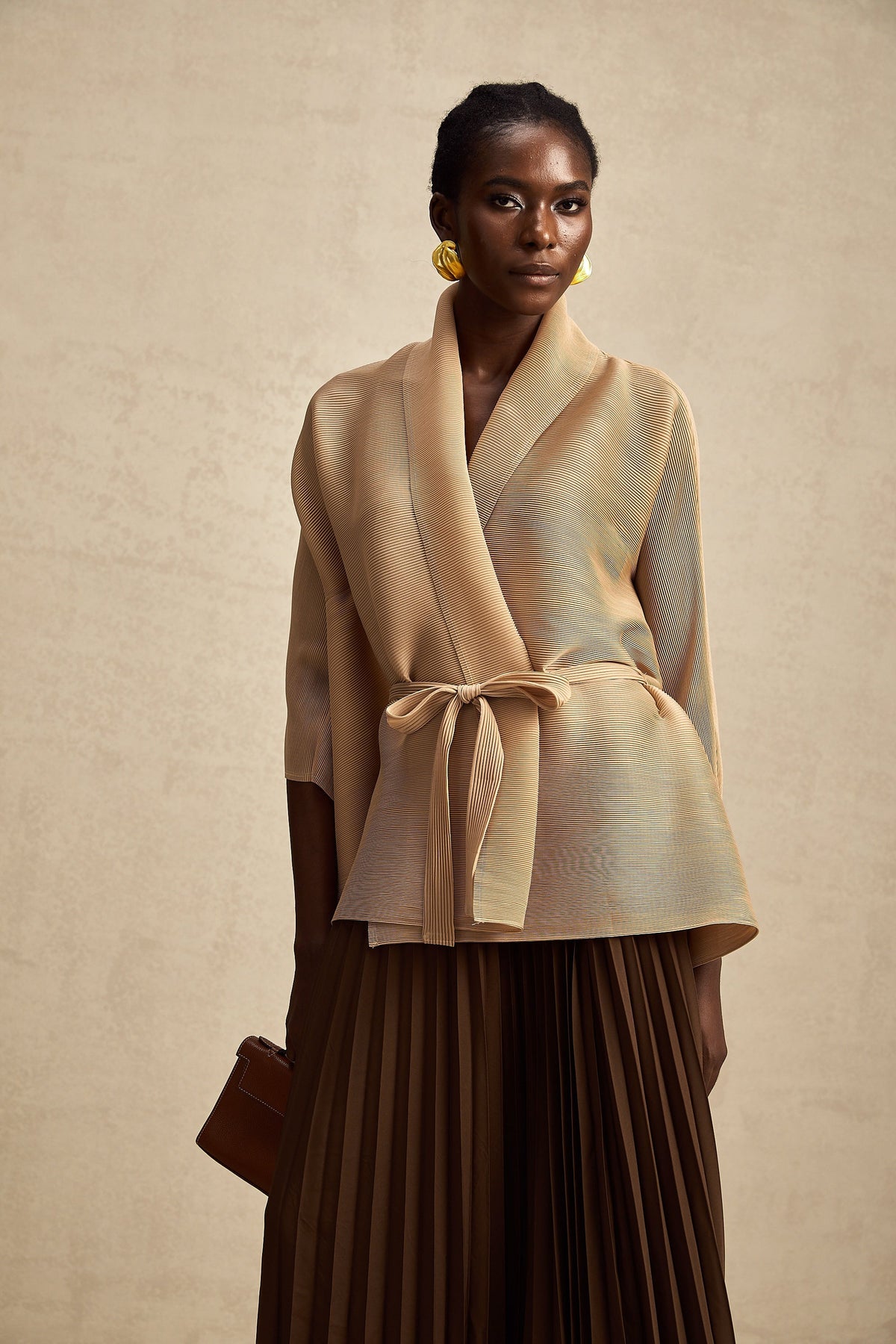 Adèle cape-design pleated top & skirt matching set