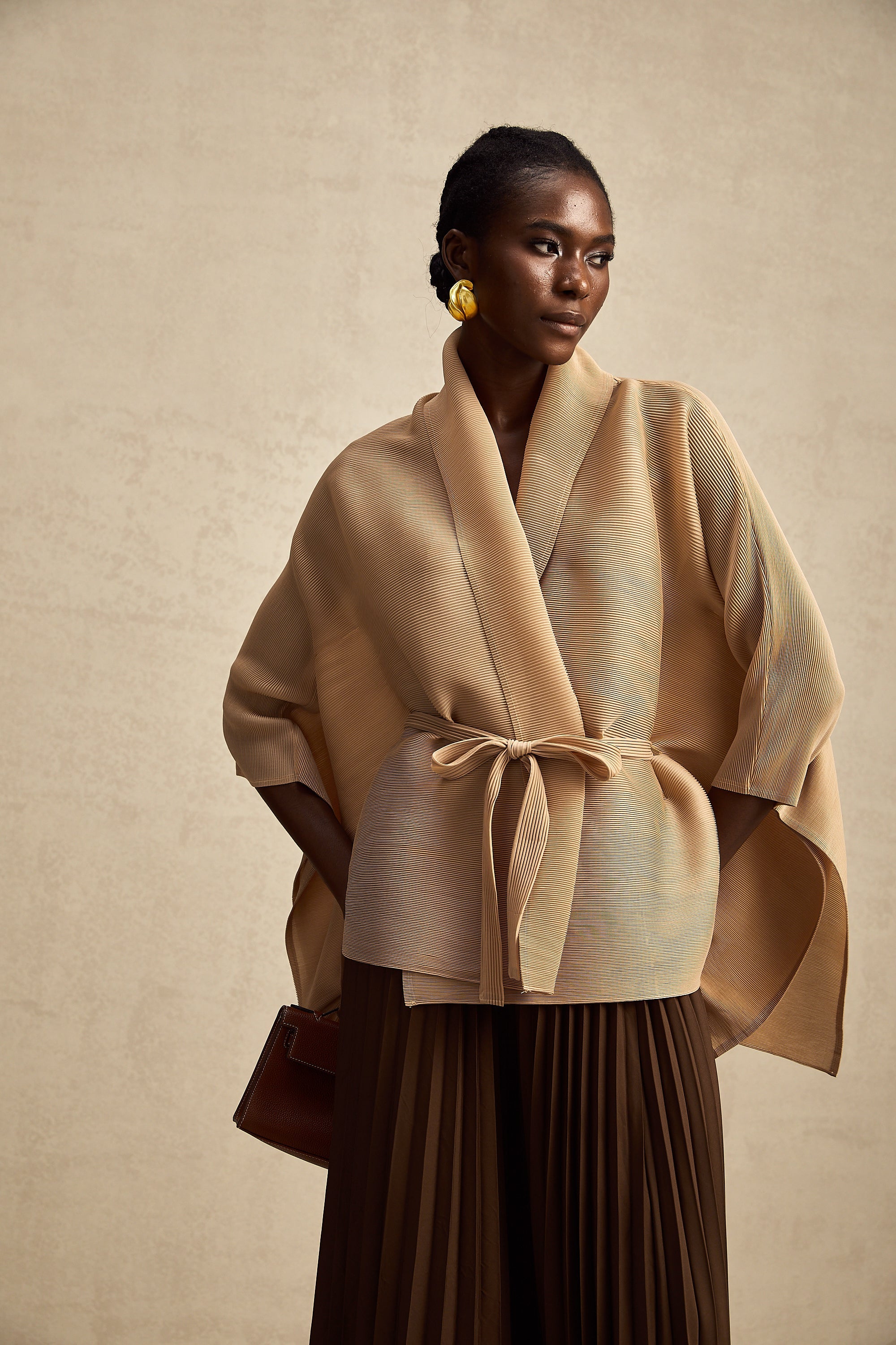 Adèle cape-design pleated top & skirt matching set