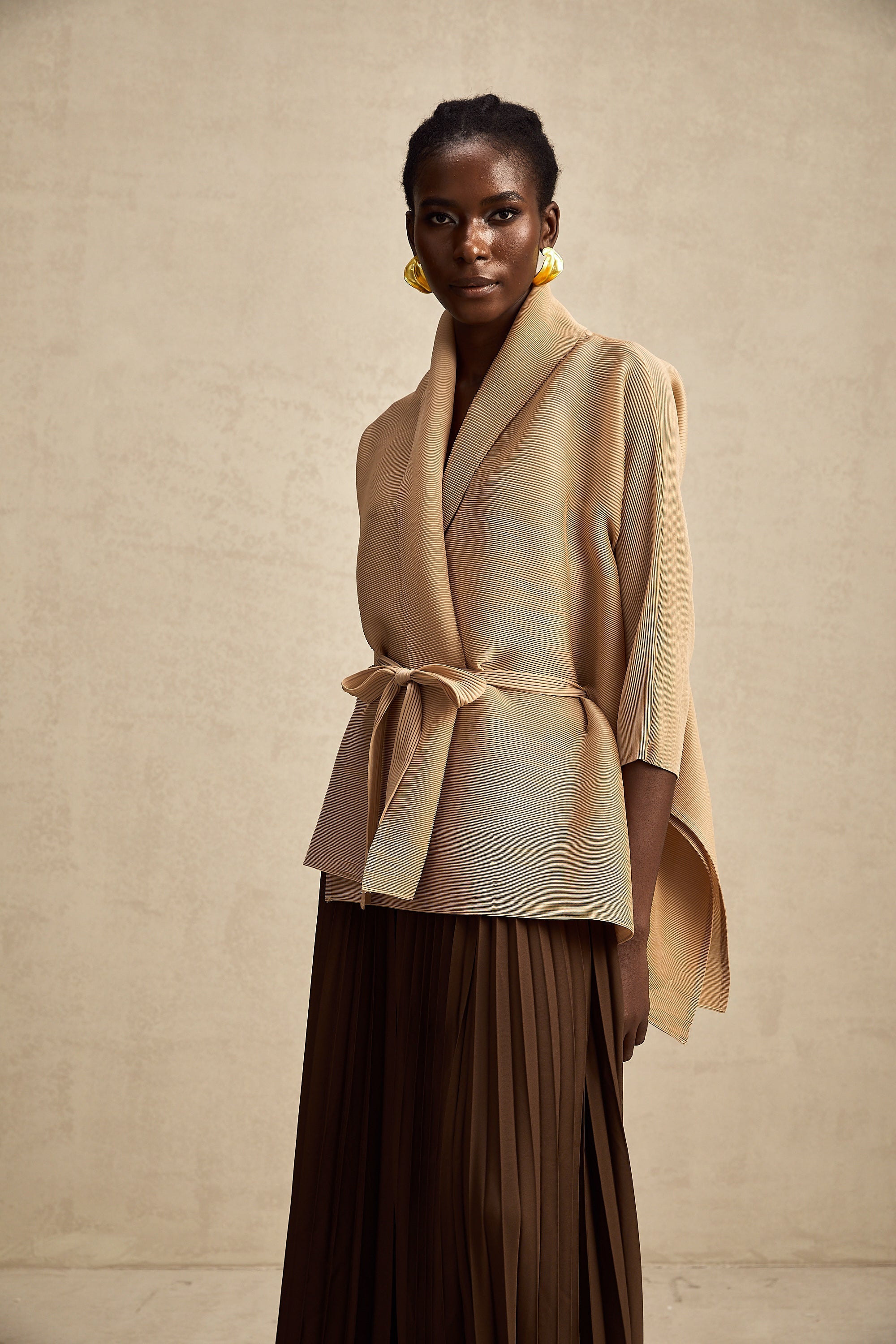 Adèle cape-design pleated top & skirt matching set