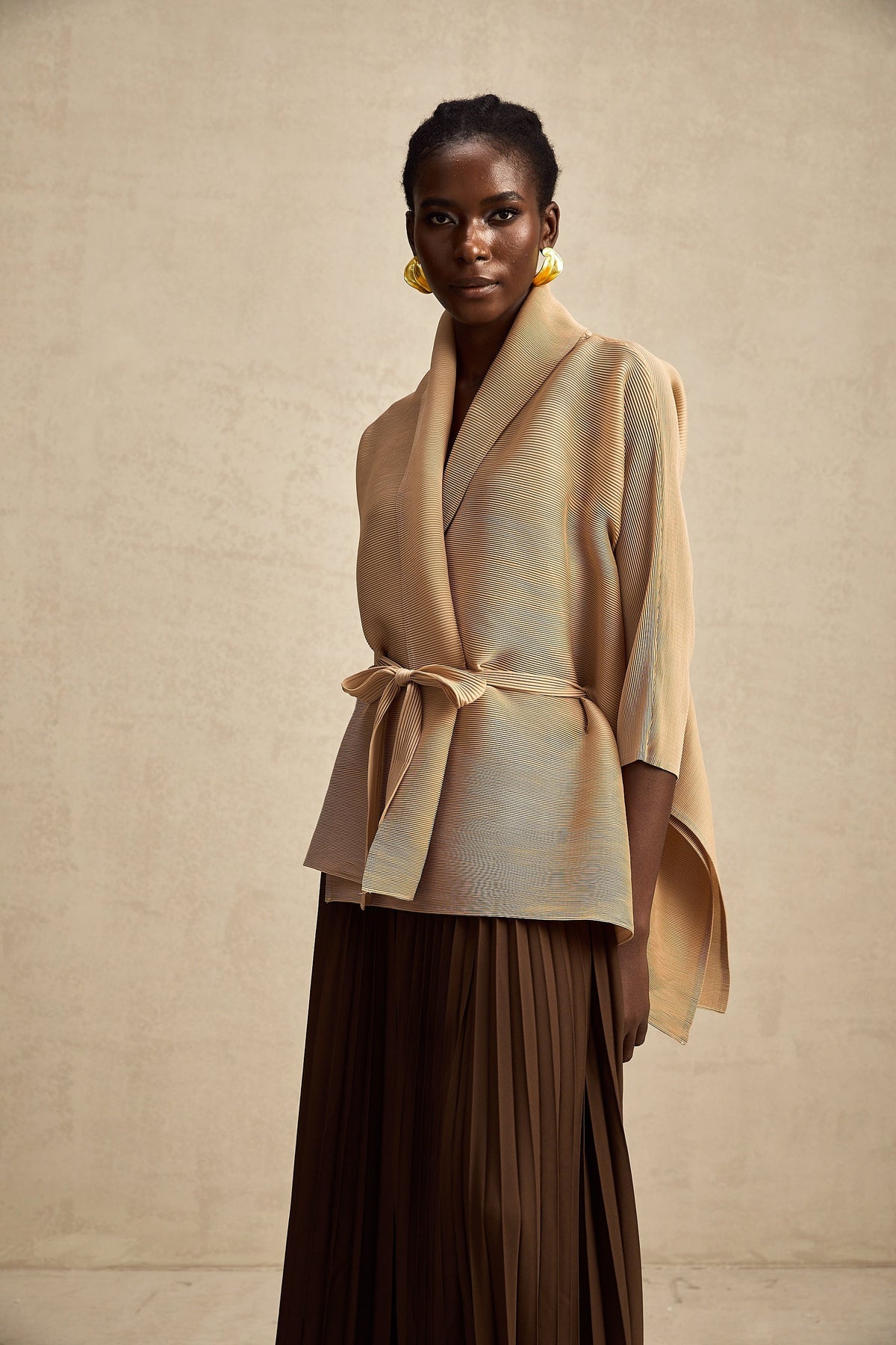 Adèle cape-design pleated top & skirt matching set