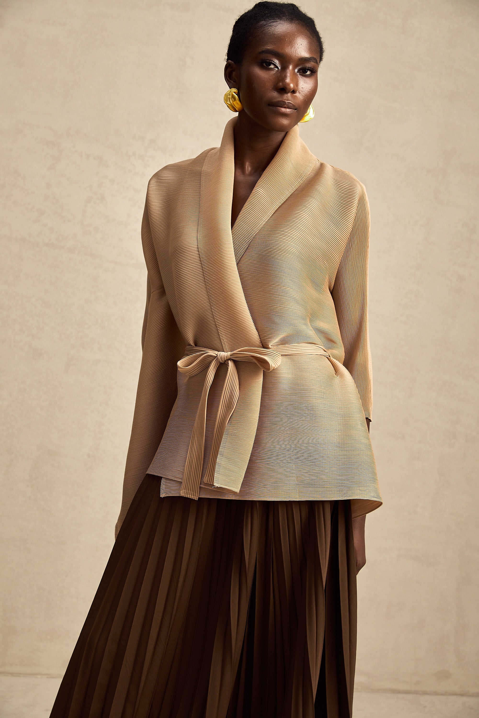 Adèle cape-design pleated top & skirt matching set