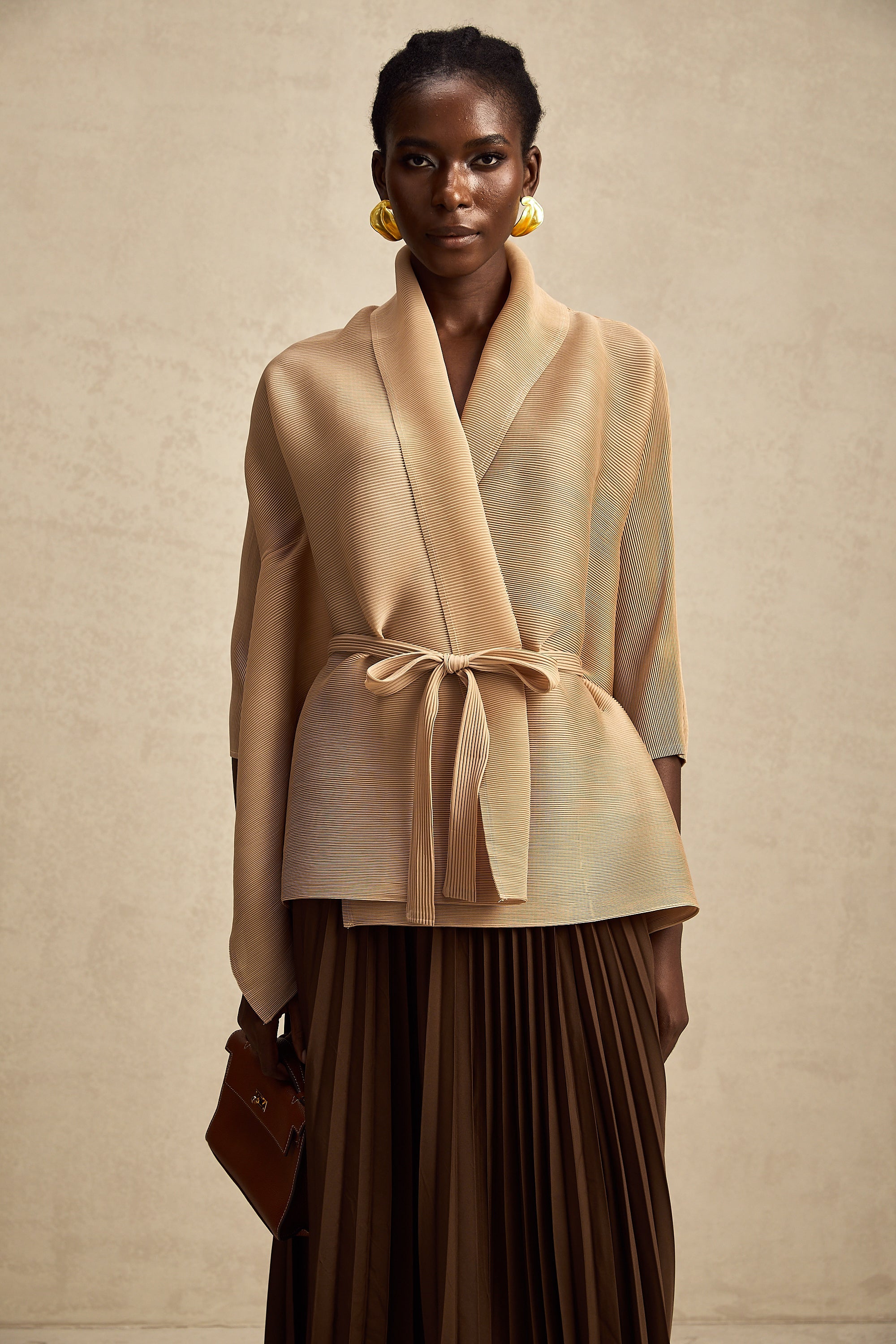 Adèle cape-design pleated top & skirt matching set