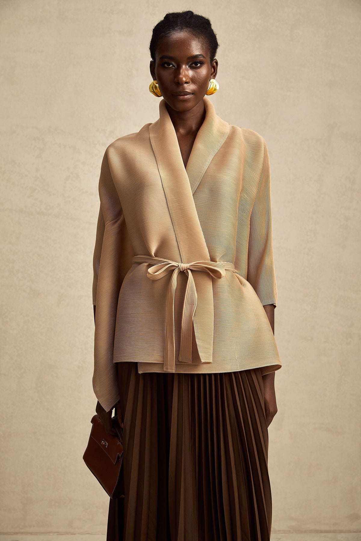 Adèle cape-design pleated top & skirt matching set