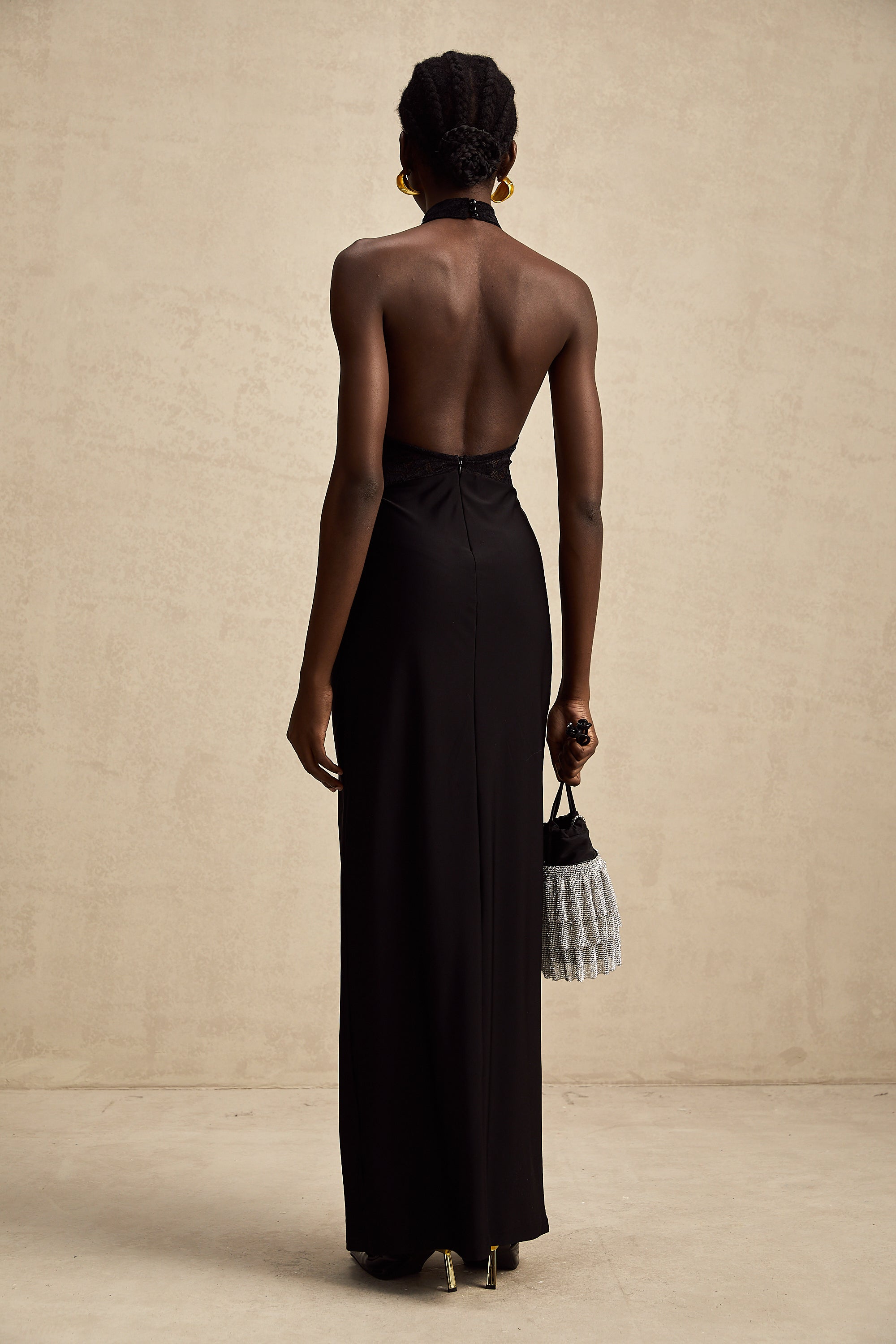Camille black halterneck floral-lace maxi dress