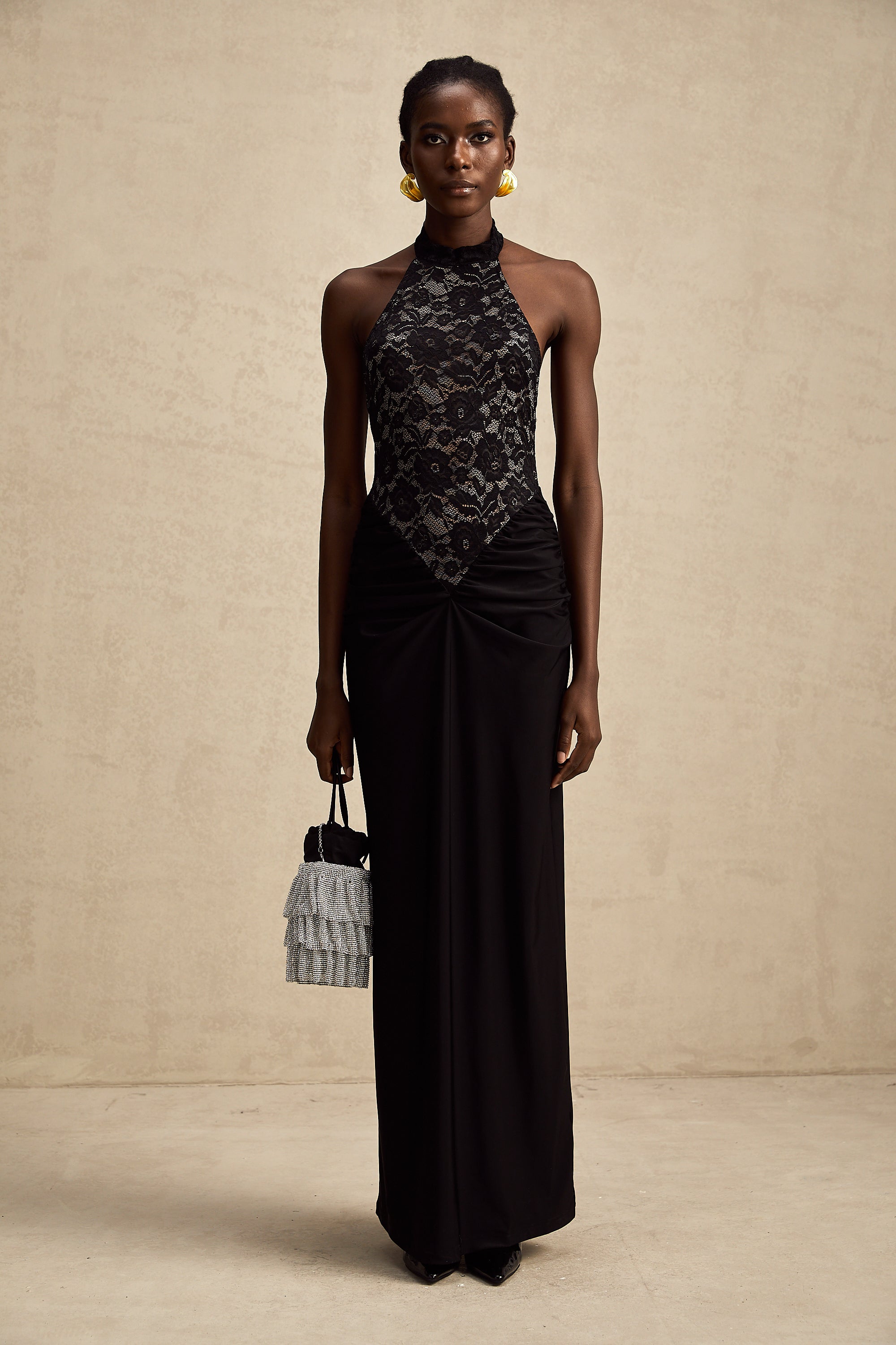 Camille black halterneck floral-lace maxi dress