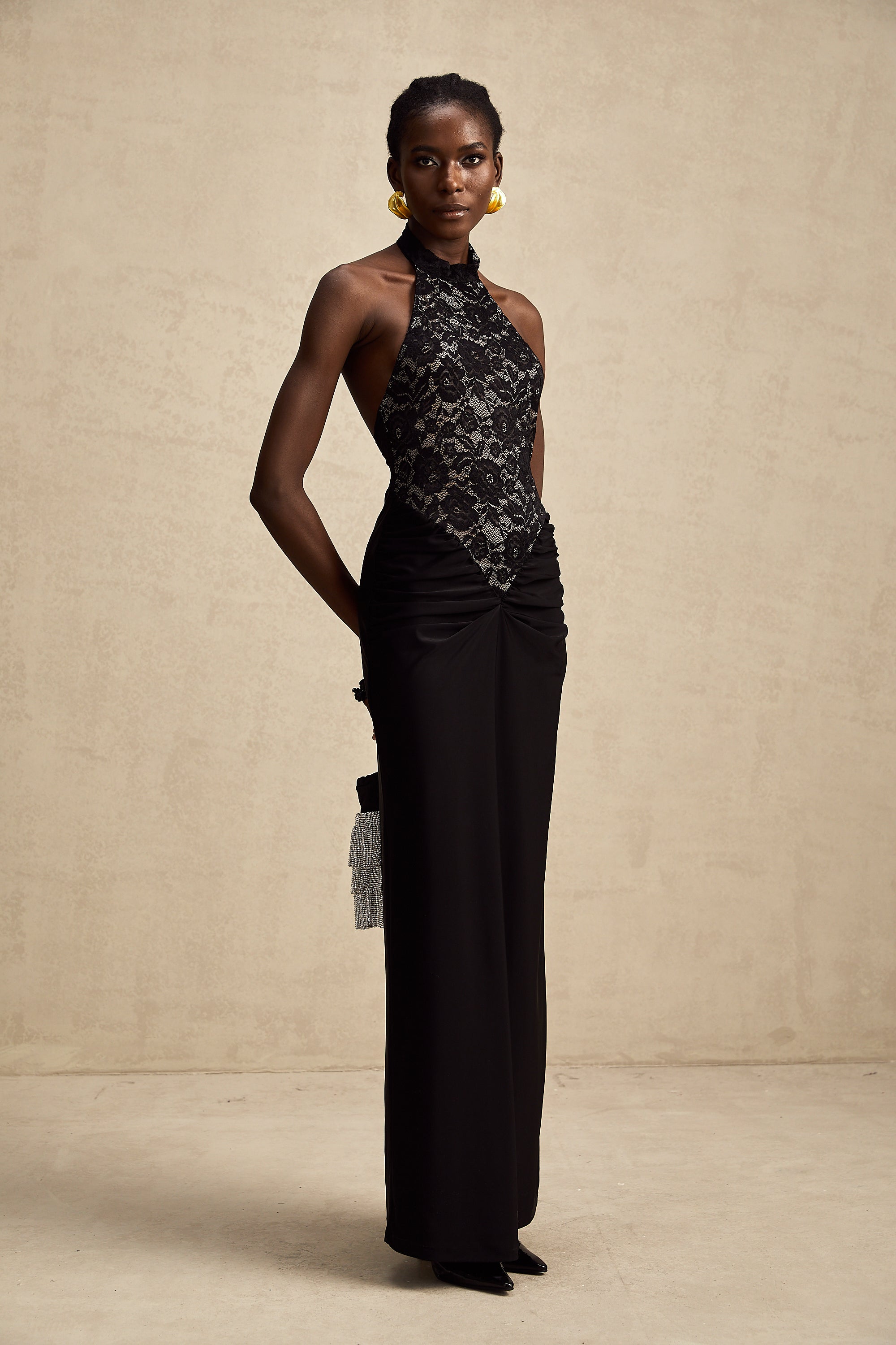 Camille black halterneck floral-lace maxi dress