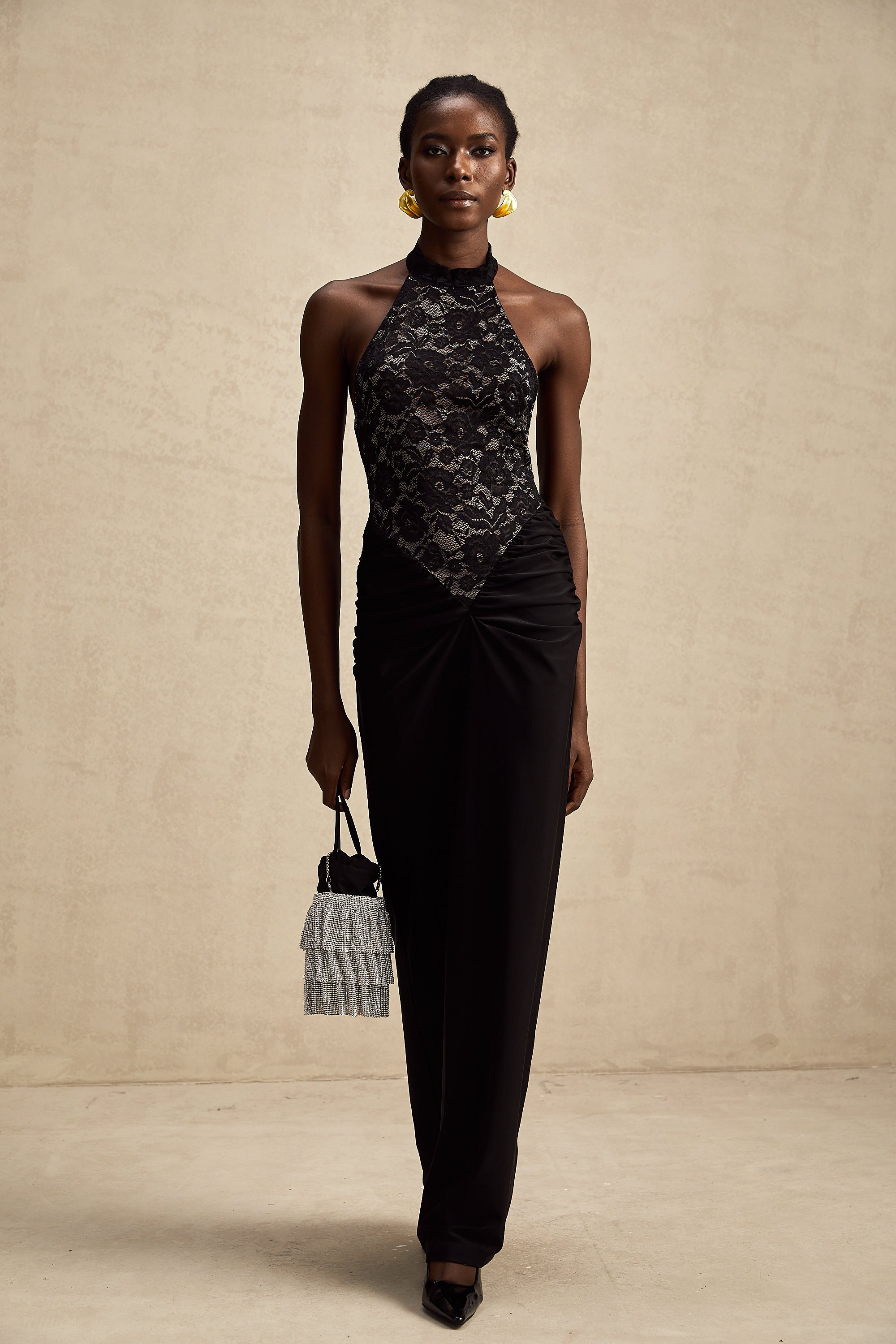 Camille black halterneck floral-lace maxi dress
