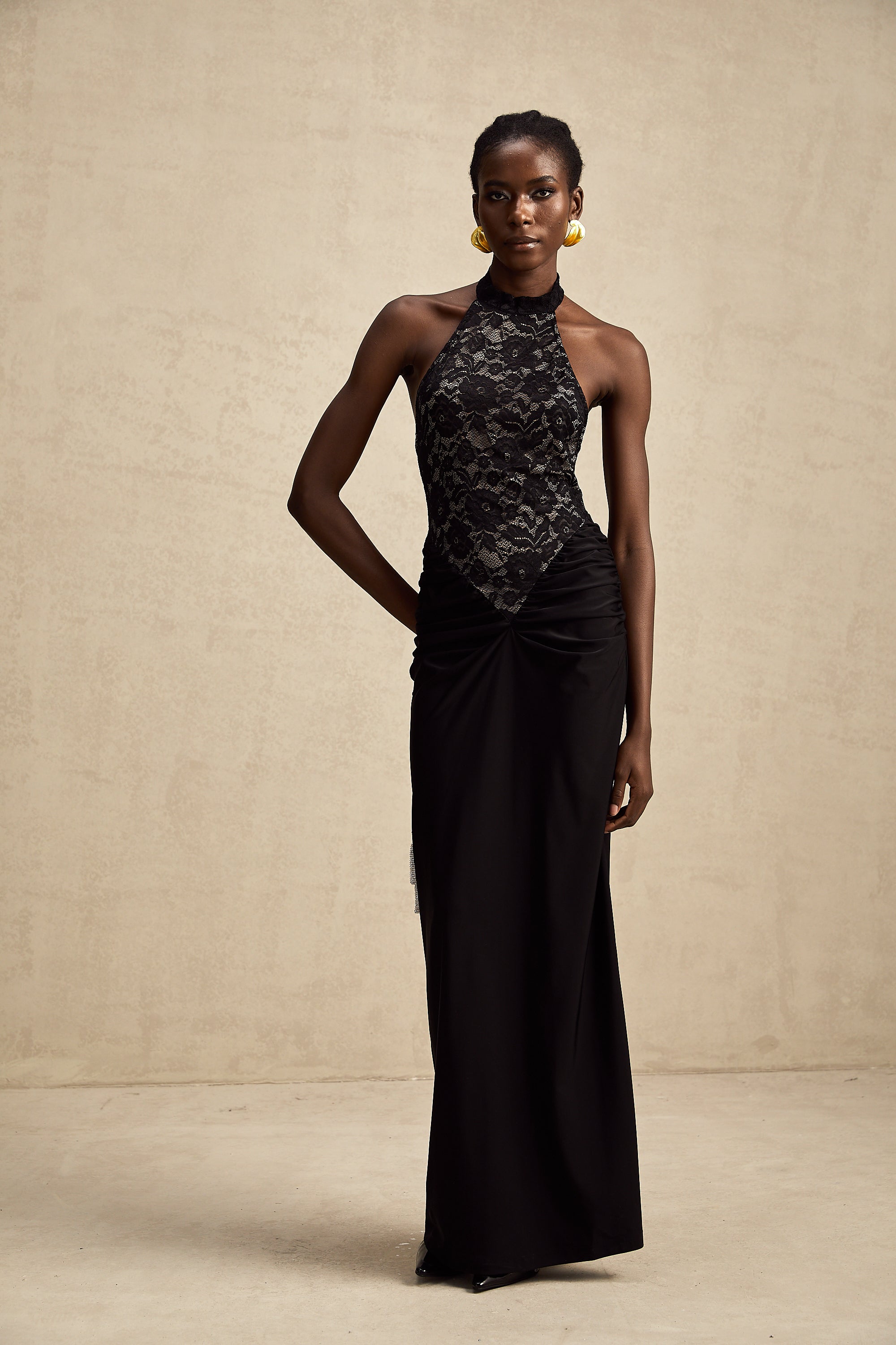 Camille black halterneck floral-lace maxi dress