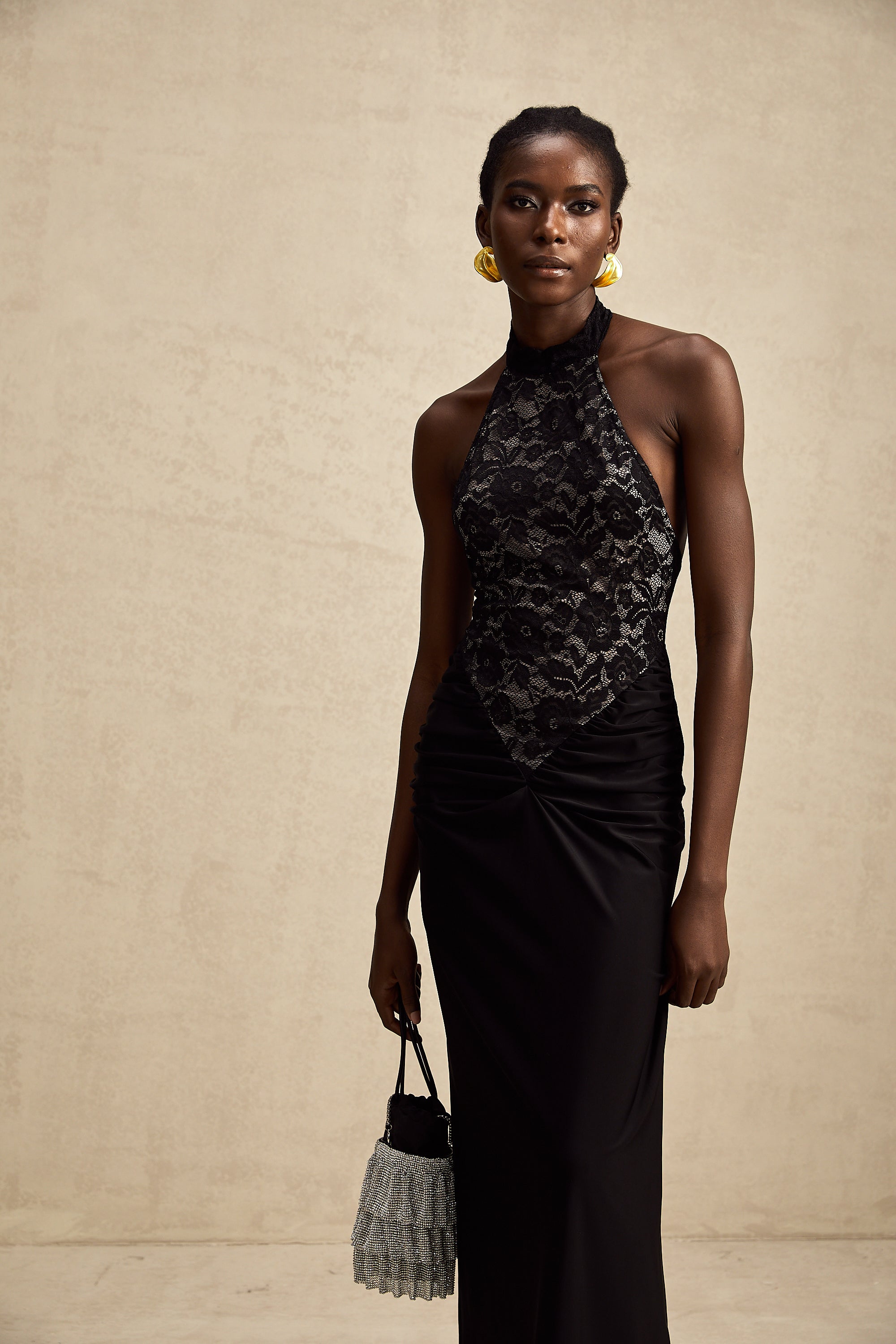 Camille black halterneck floral-lace maxi dress