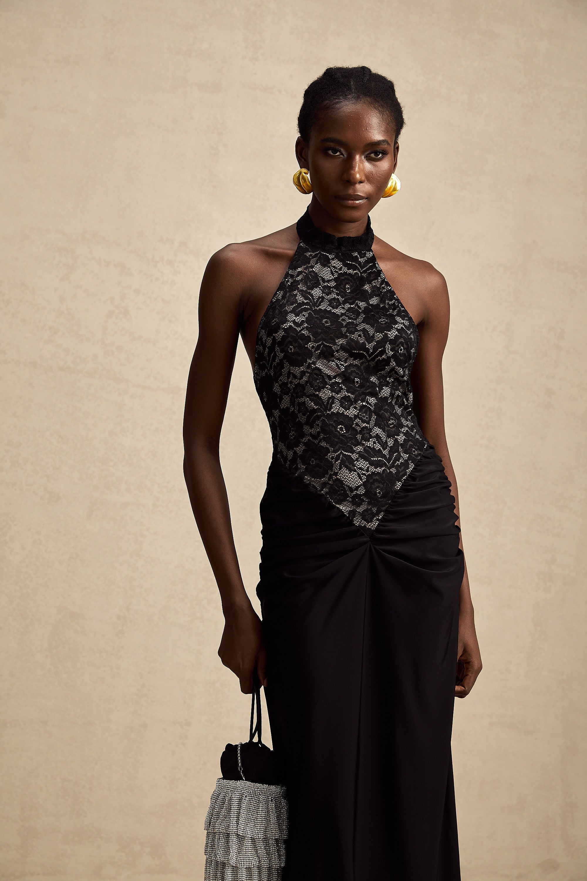 Camille black halterneck floral-lace maxi dress
