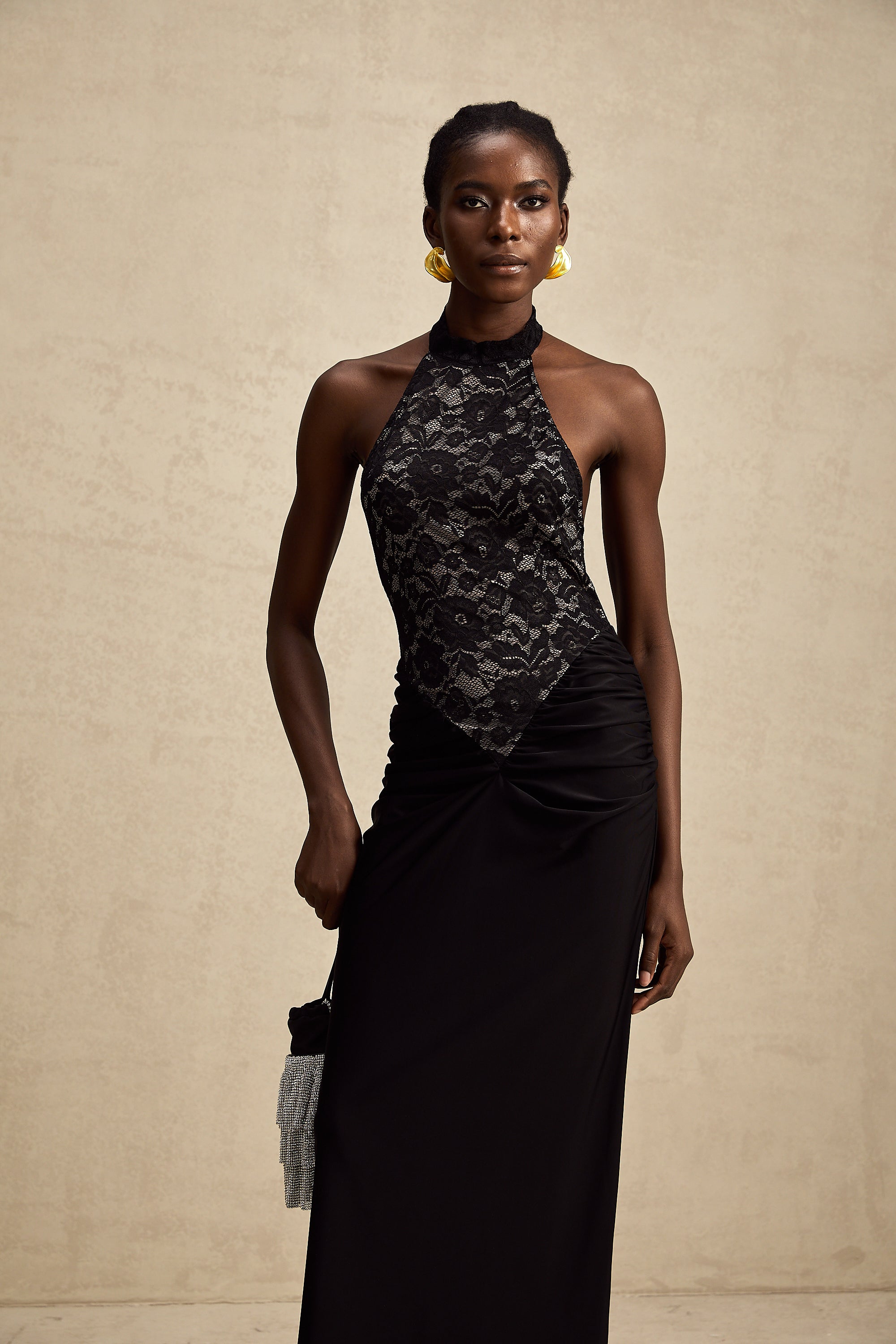 Camille black halterneck floral-lace maxi dress