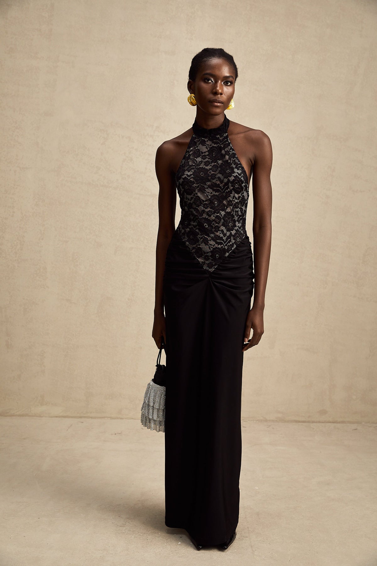 Camille black halterneck floral-lace maxi dress