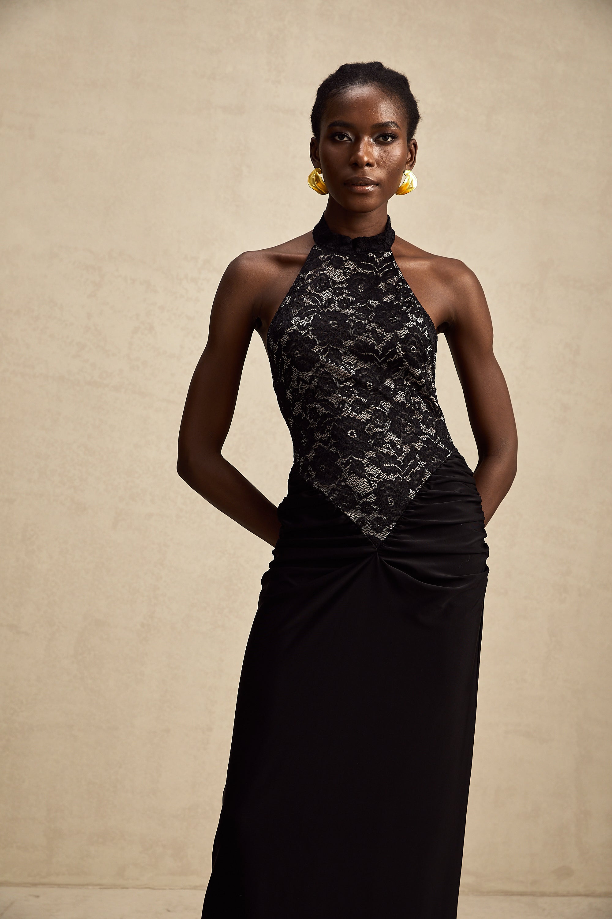 Camille black halterneck floral-lace maxi dress