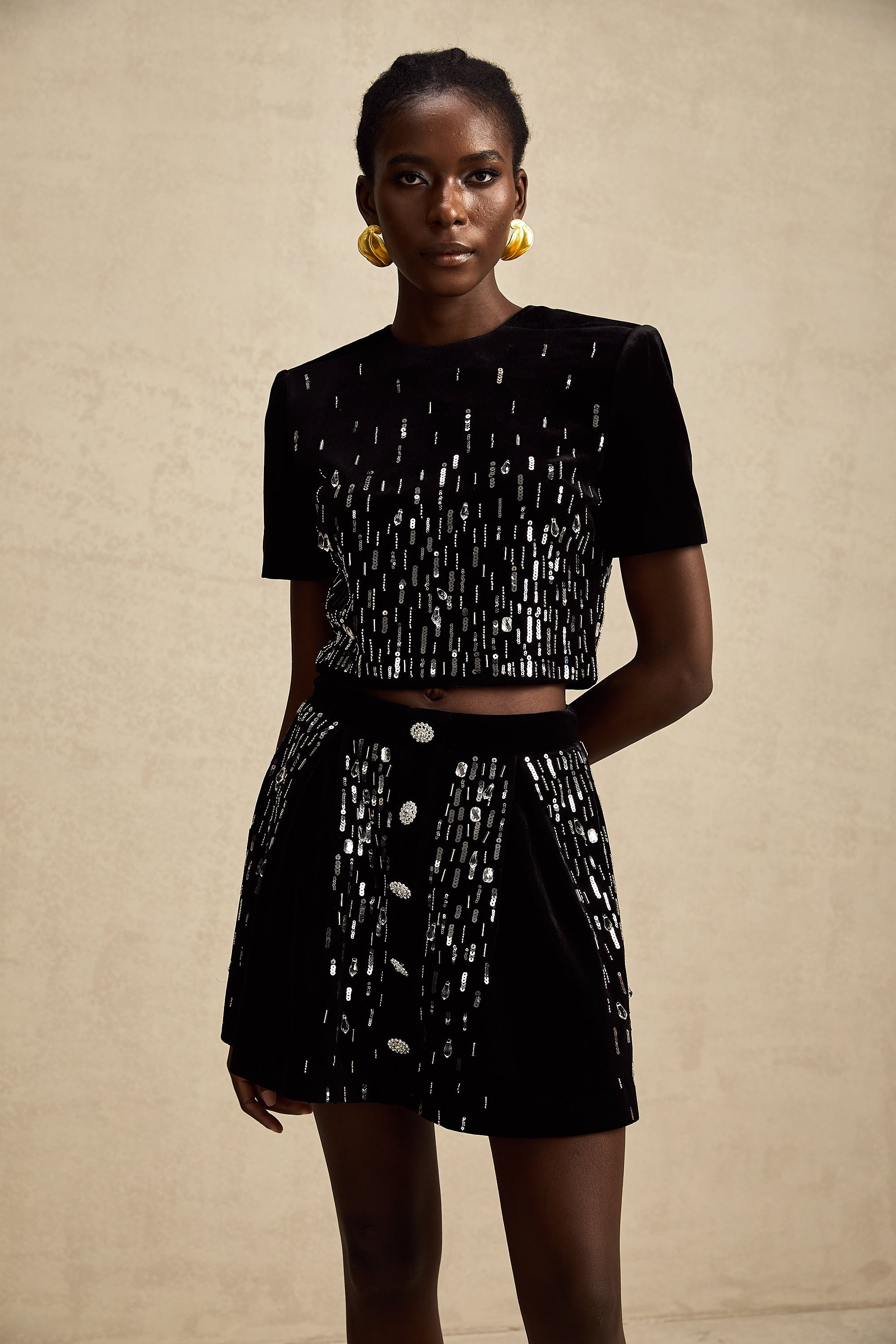 Isabeau black velvet embellished top & skirt matching set (US Only)