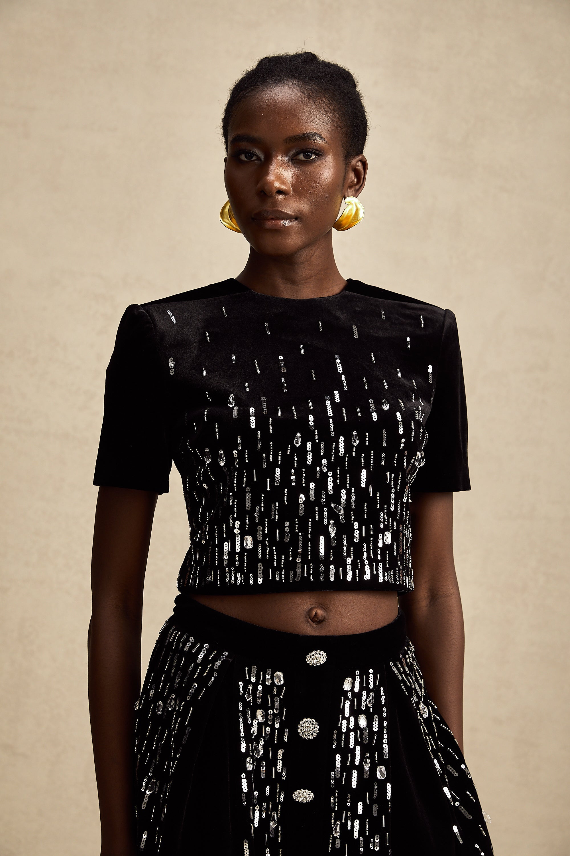 Isabeau black velvet embellished top & skirt matching set (US Only)