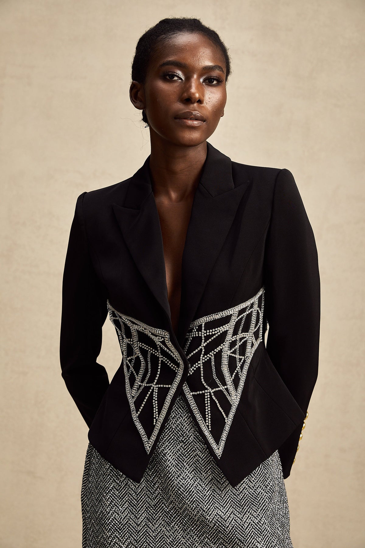 Geneviève black embellished cinched-waist jacket