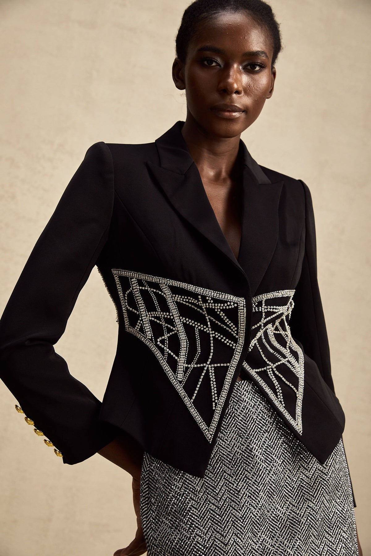 Geneviève black embellished cinched-waist jacket