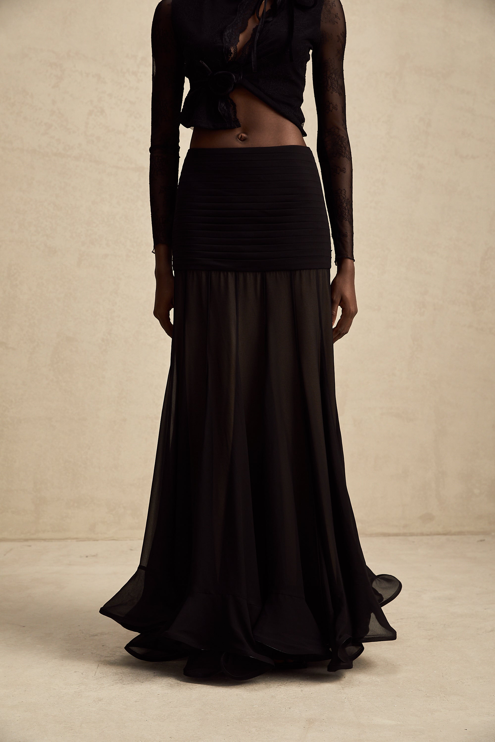 Jacqueline rayon ruffle pleated tulle maxi skirt