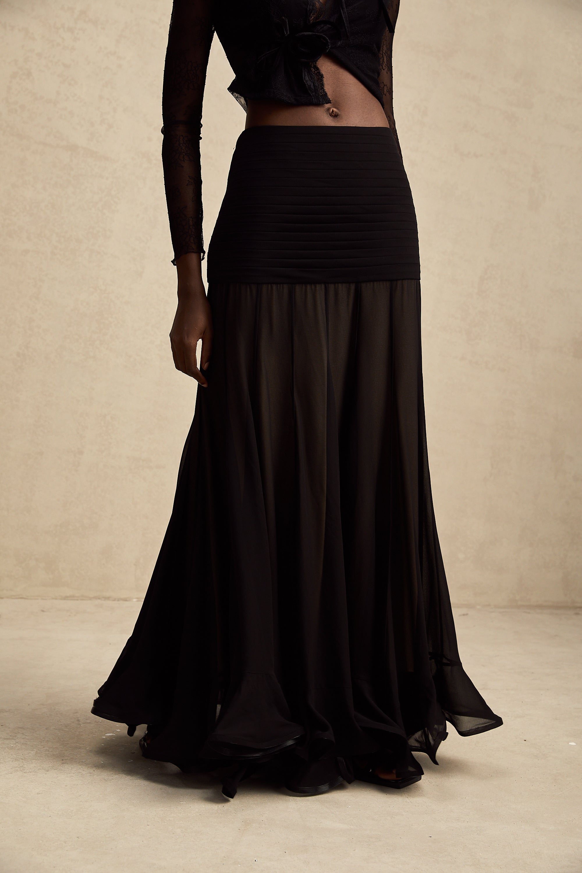 Jacqueline rayon ruffle pleated tulle maxi skirt