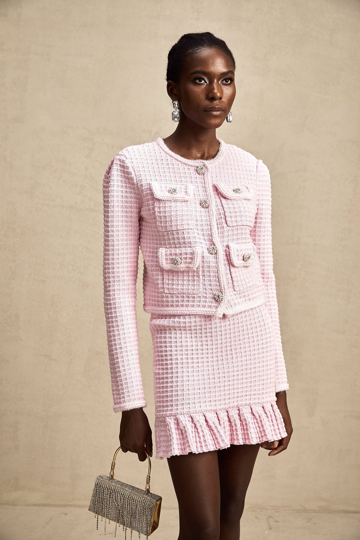 Fabienne pink waffle-knit jacket & skirt matching set (Final Sale)