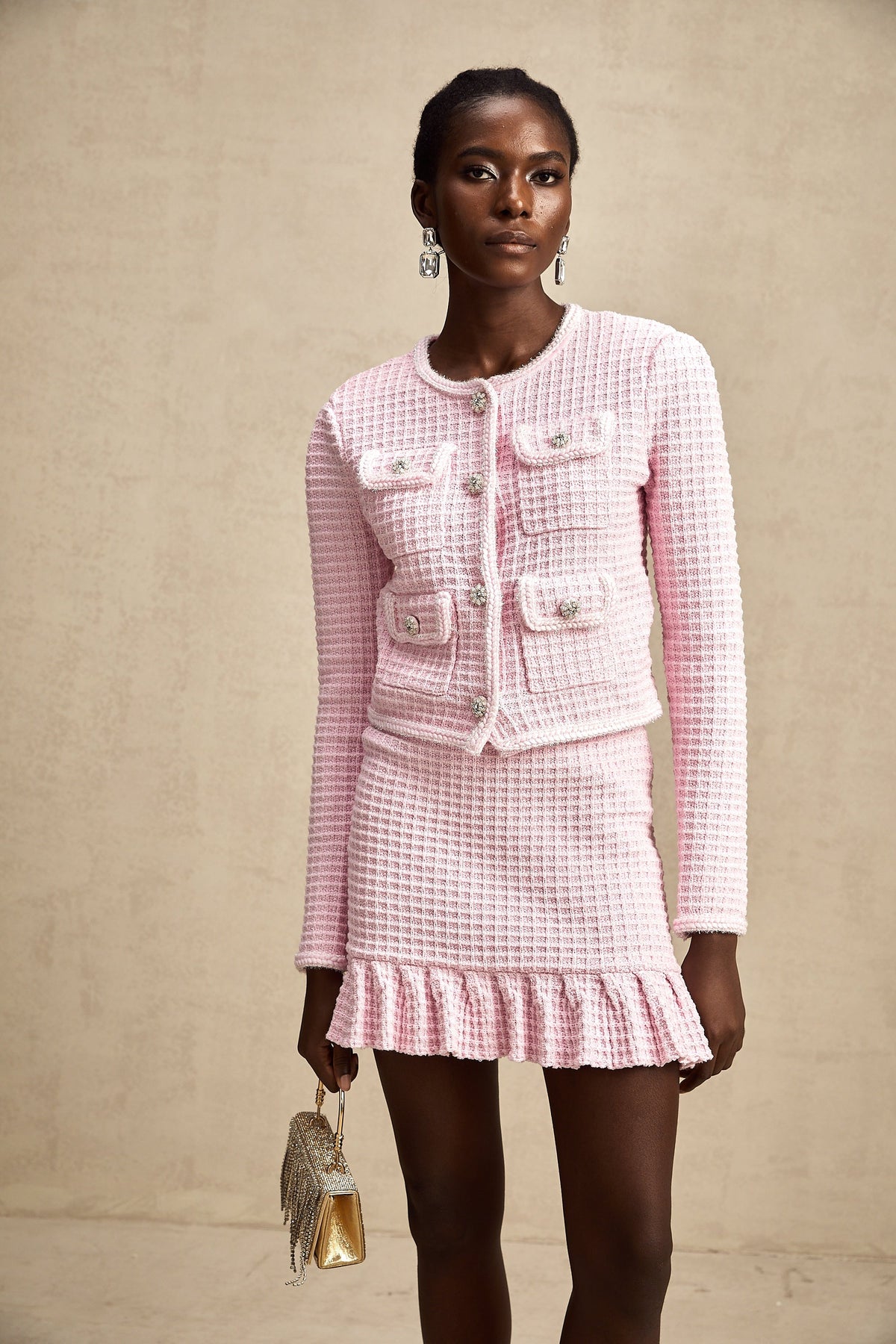 Fabienne pink waffle-knit jacket & skirt matching set (Final Sale)