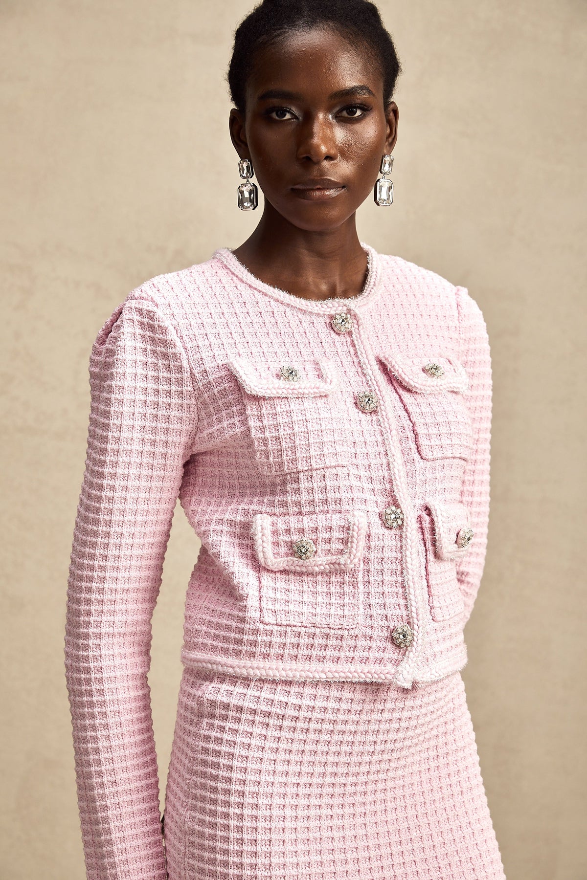 Fabienne pink waffle-knit jacket & skirt matching set (Final Sale)