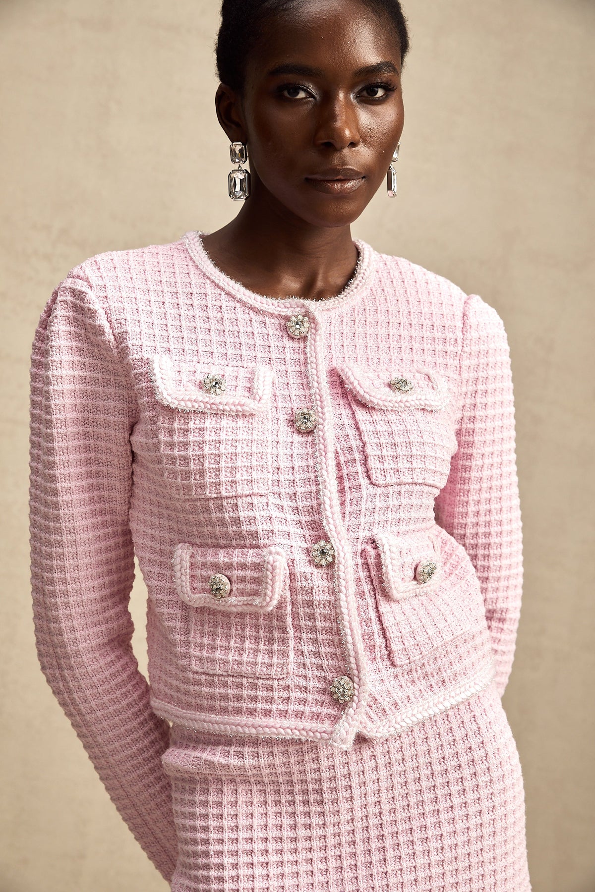 Fabienne pink waffle-knit jacket & skirt matching set (Final Sale)