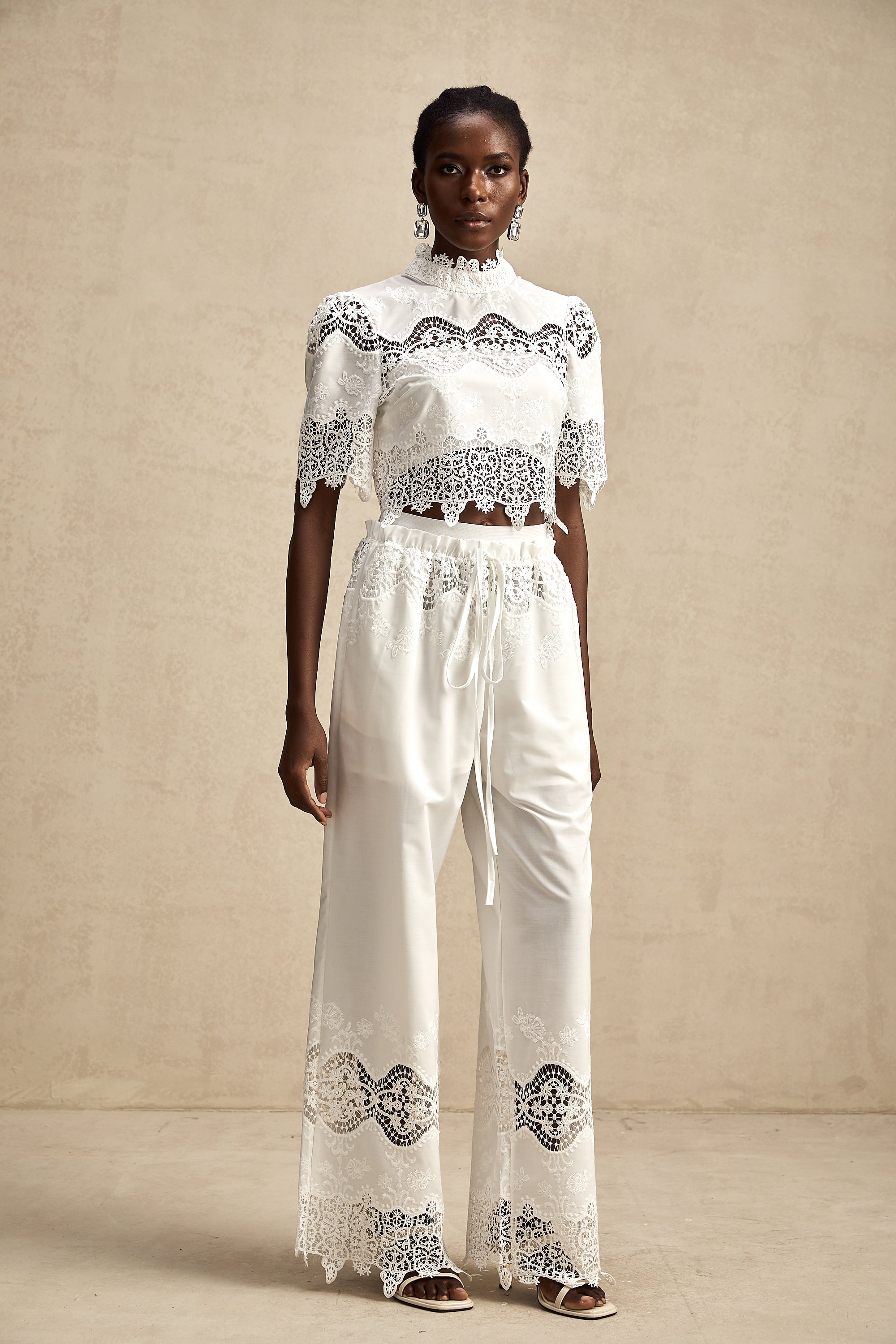 Raphaëlle lace-trim cut-out cropped top & trousers matching set (Final Sale)