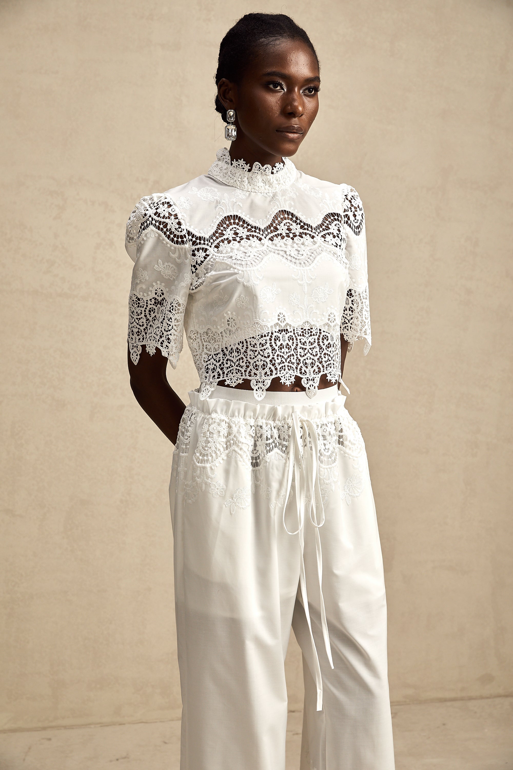 Raphaëlle lace-trim cut-out cropped top & trousers matching set (Final Sale)