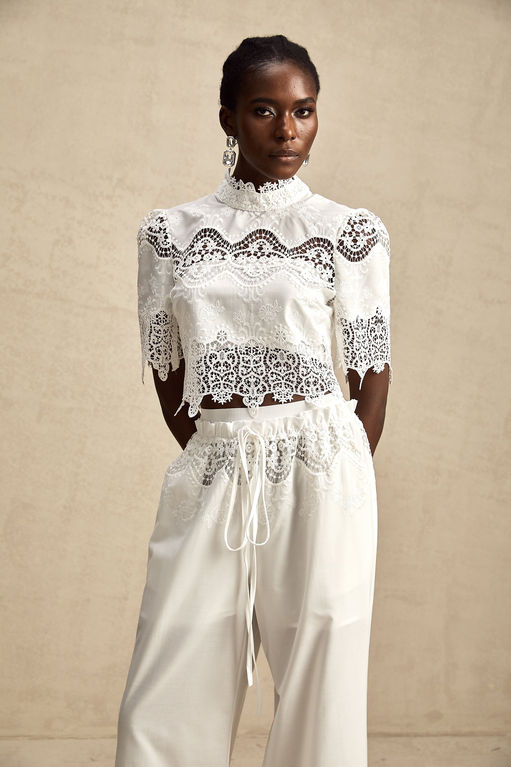 Raphaëlle lace-trim cut-out cropped top & trousers matching set (Final Sale)