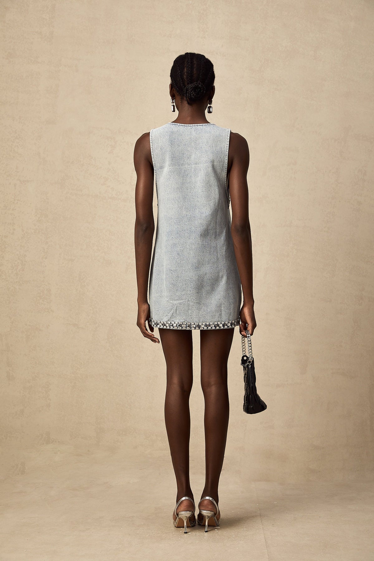Daphné blue crystal sleeveless denim mini dress