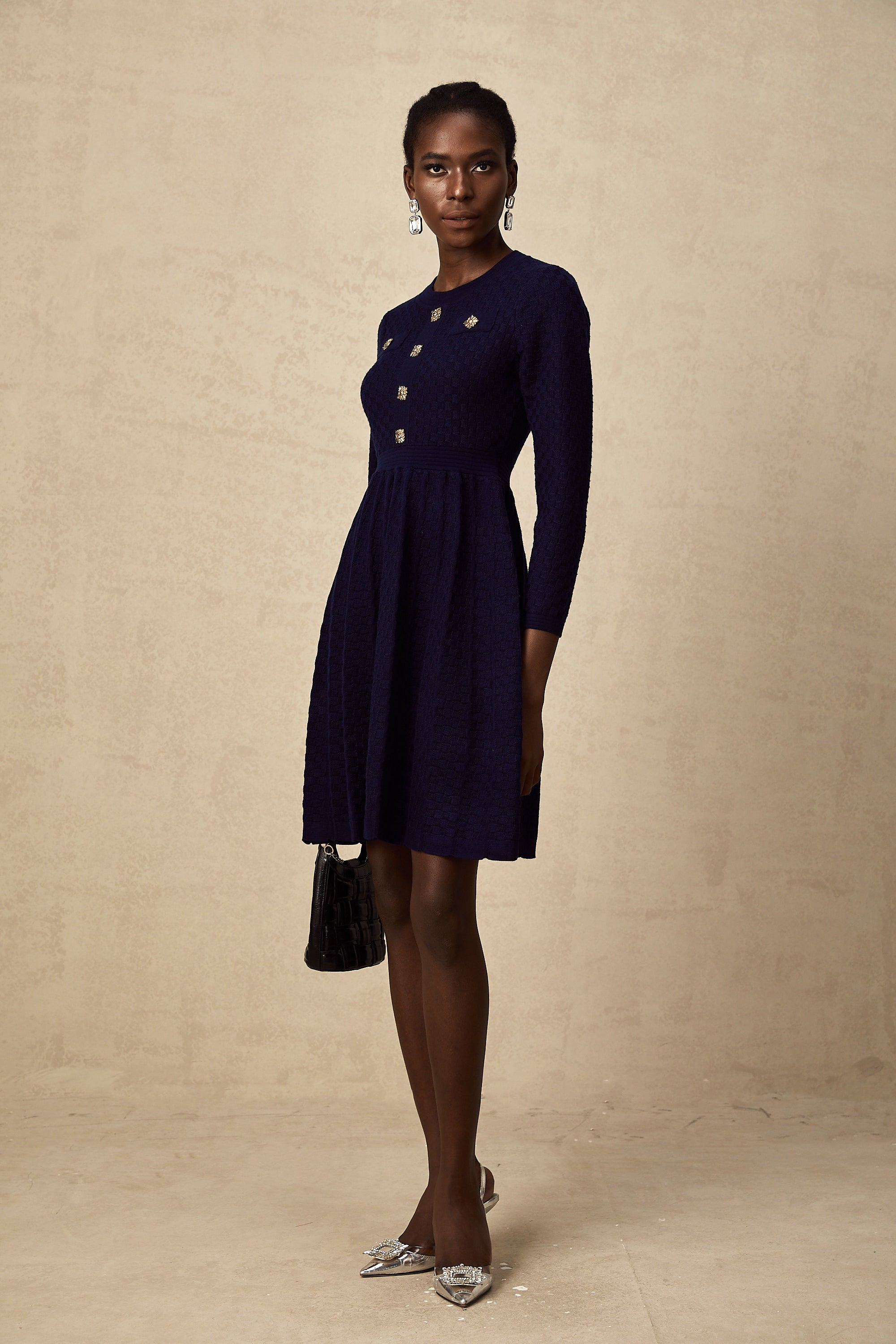 Rhéane navy basket-weave mini dress