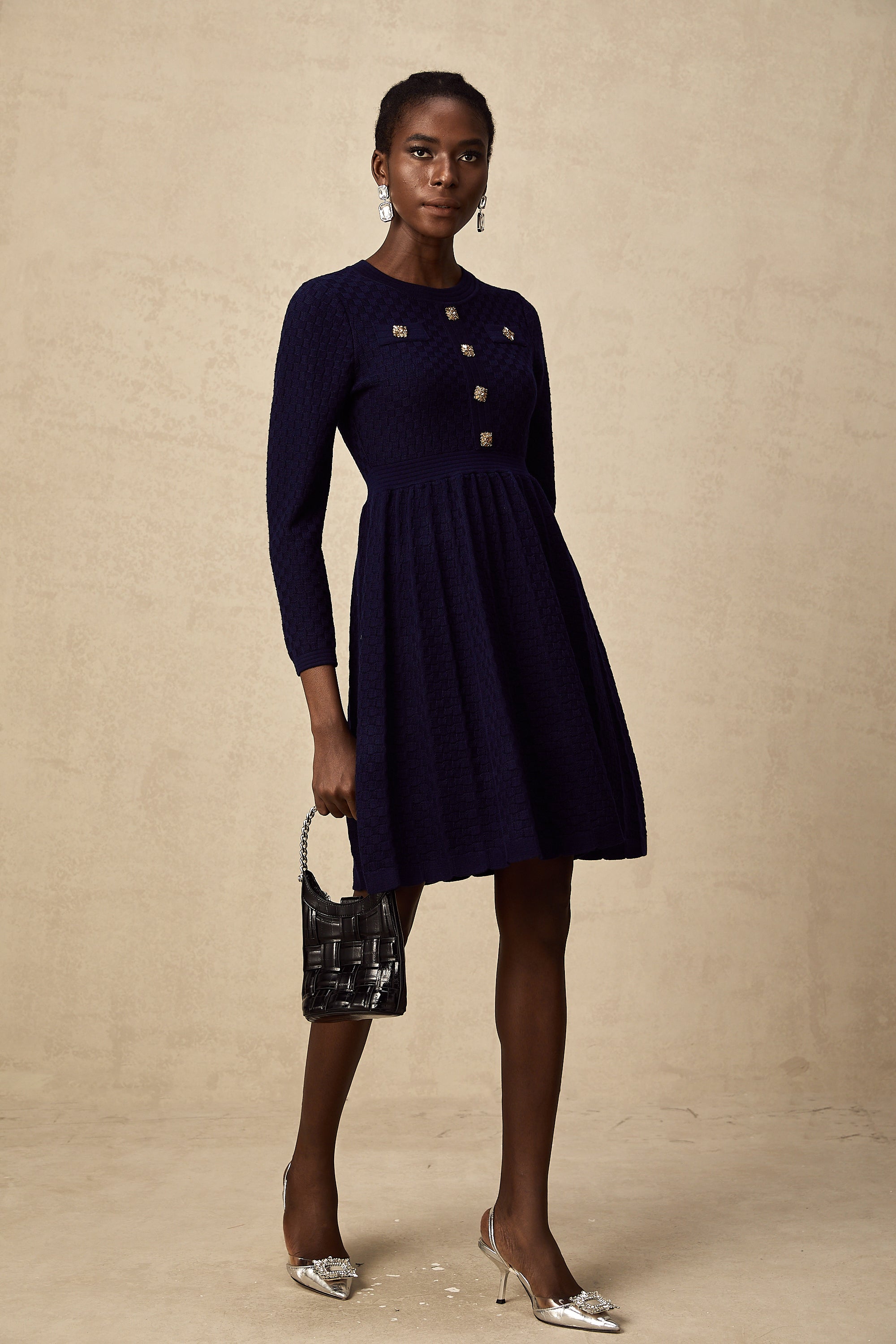 Rhéane navy basket-weave mini dress