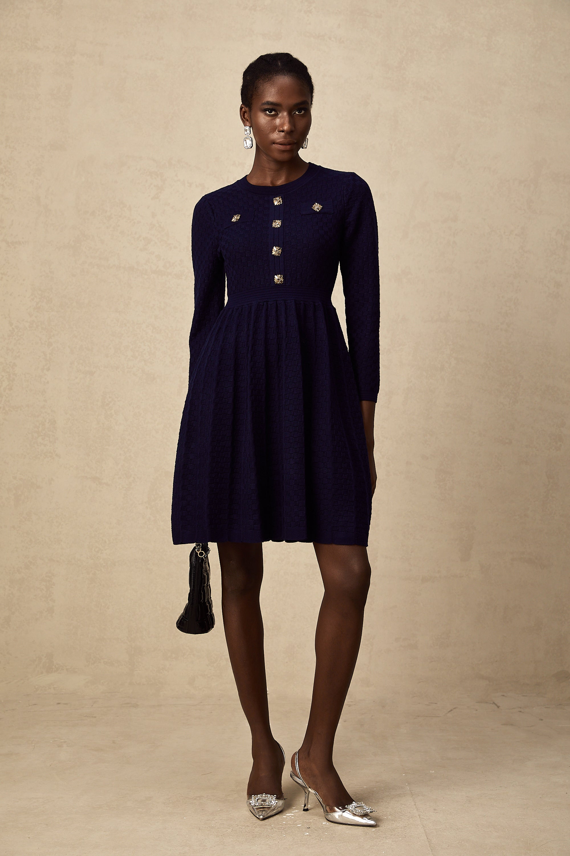 Rhéane navy basket-weave mini dress