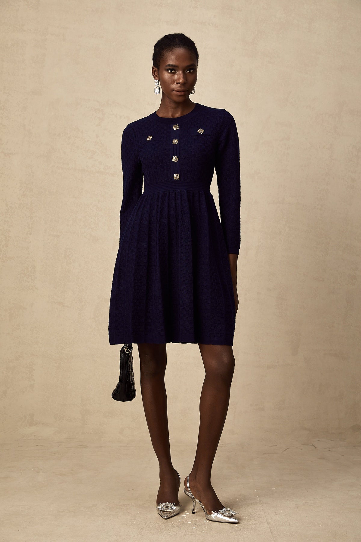 Rhéane navy basket-weave mini dress