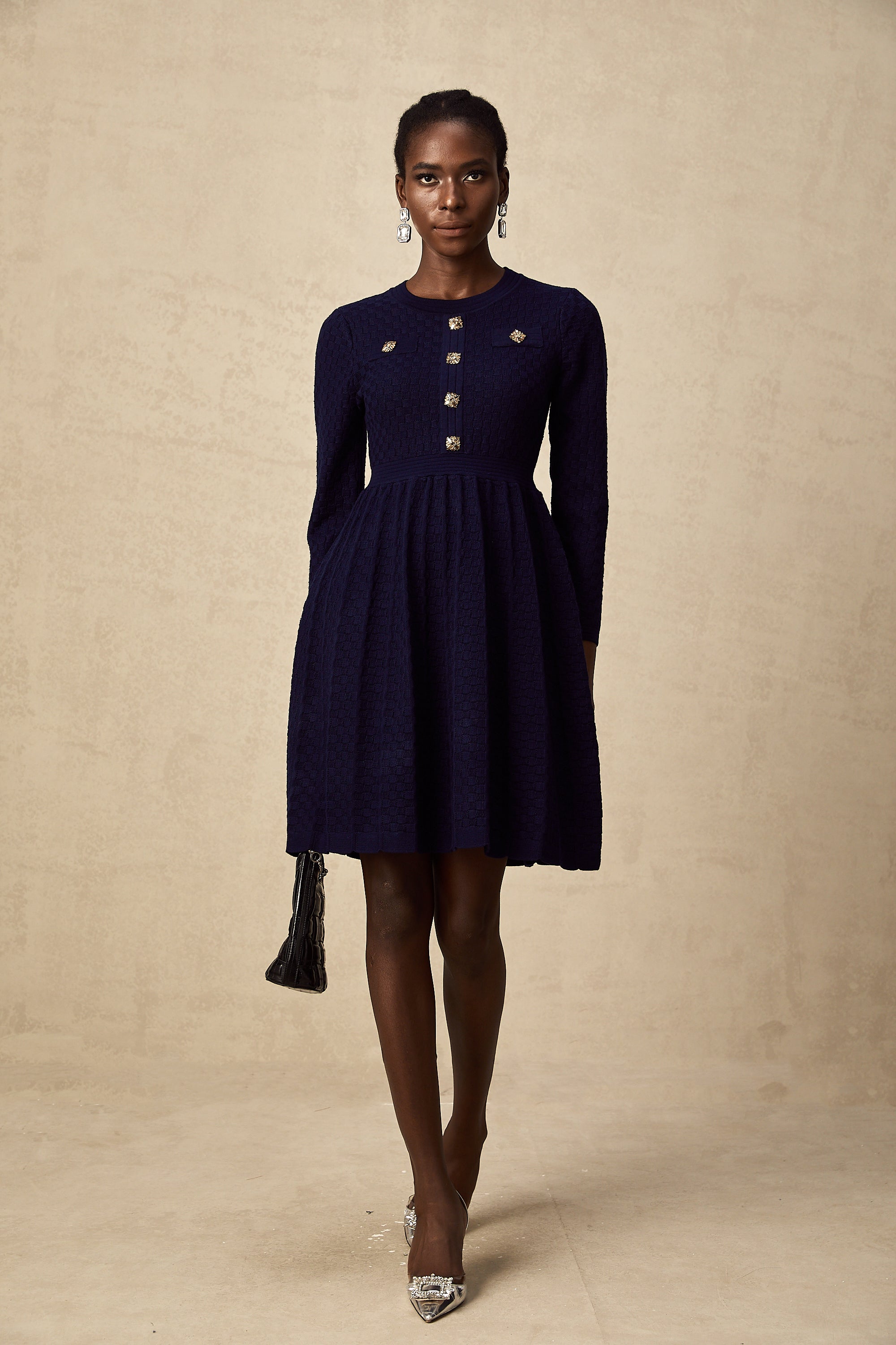 Rhéane navy basket-weave mini dress