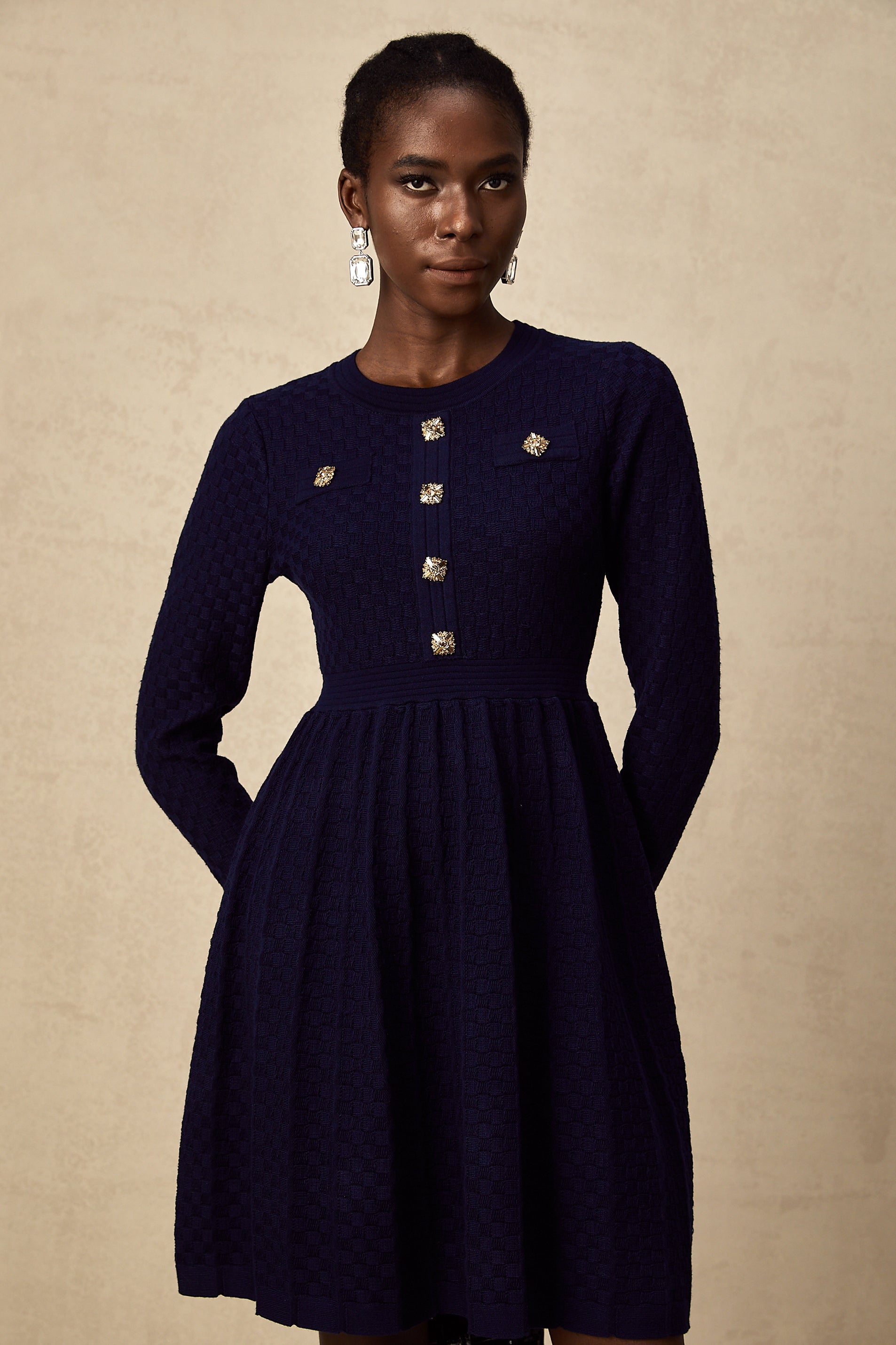 Rhéane navy basket-weave mini dress