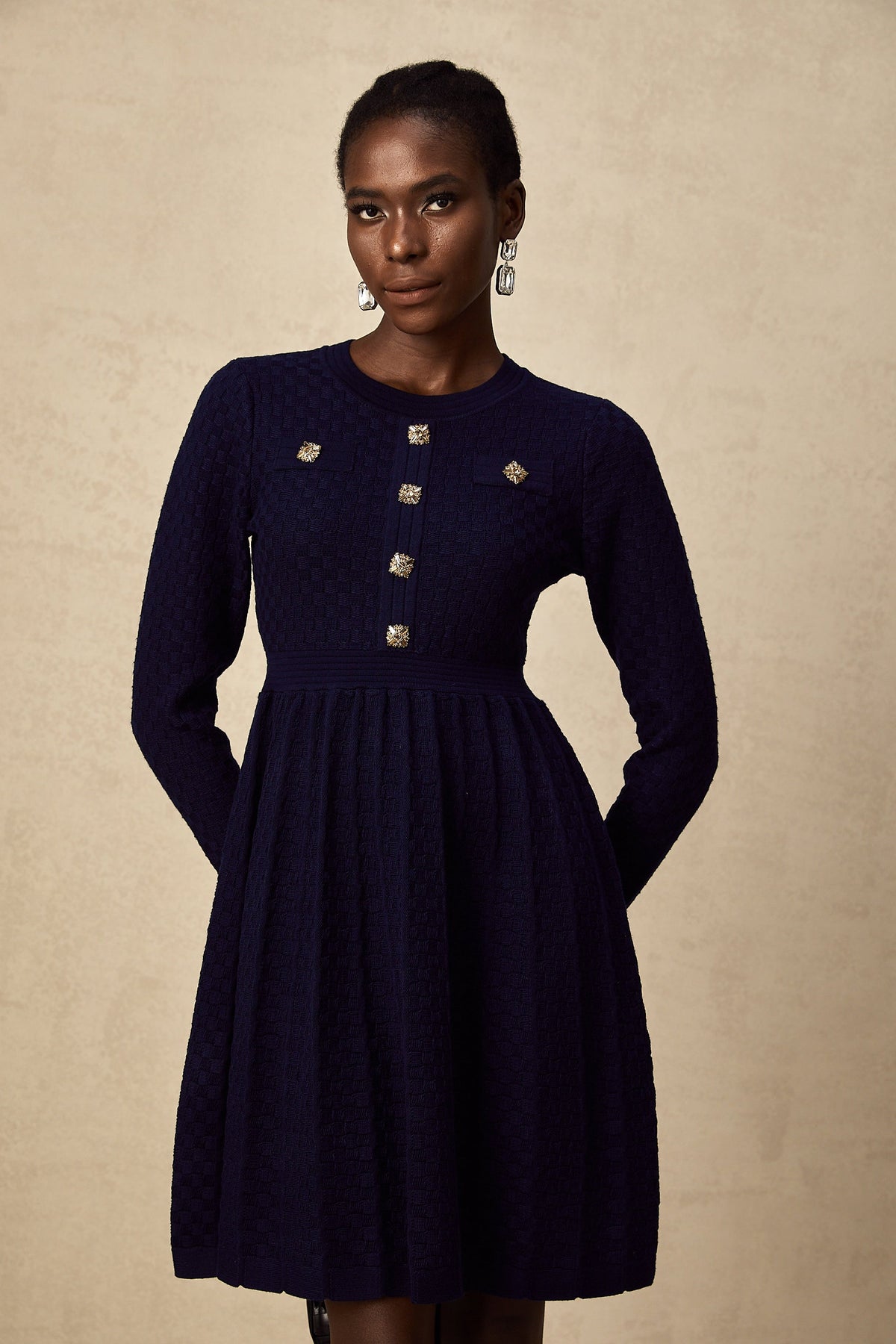 Rhéane navy basket-weave mini dress