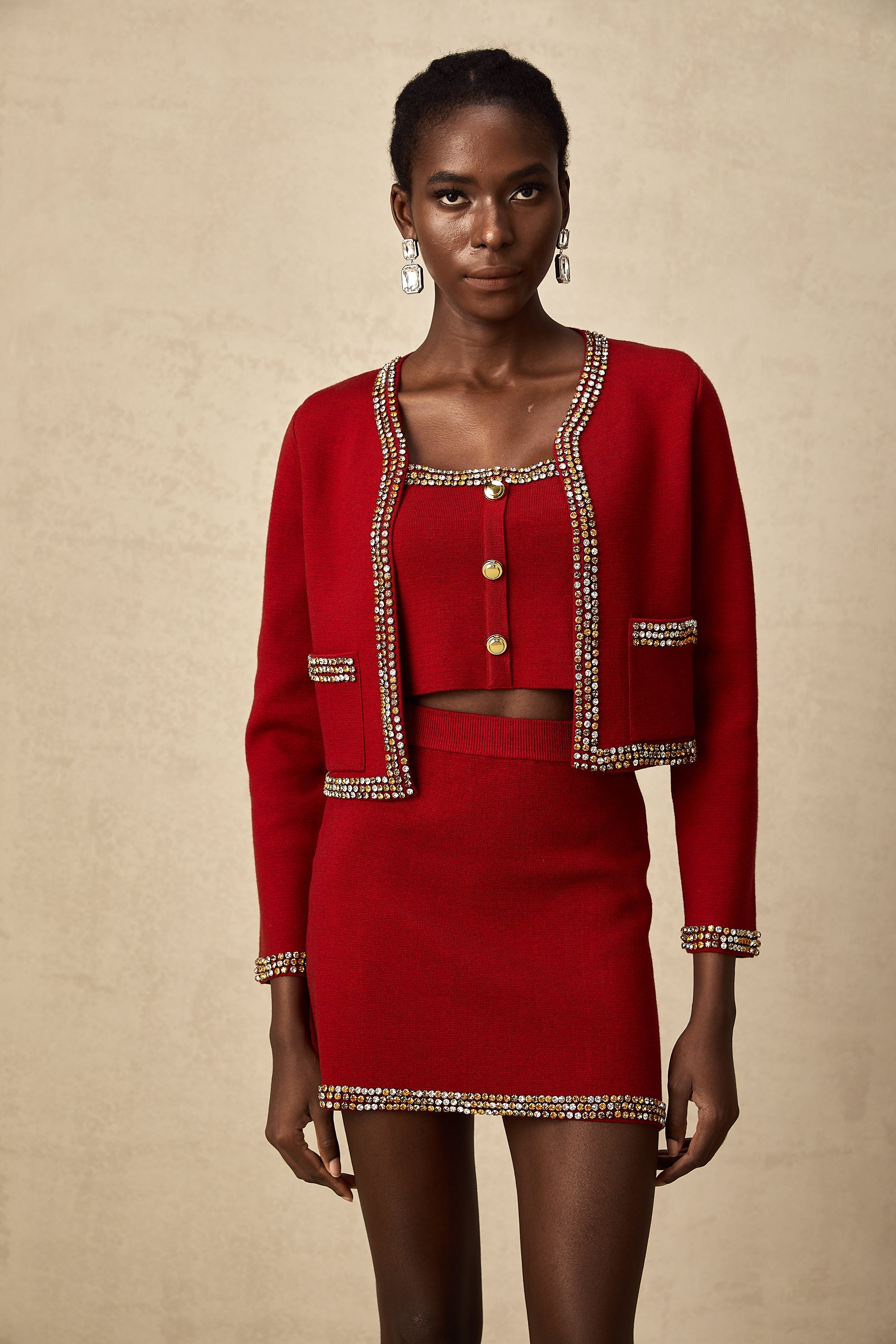 Lotus red stud knitted cardigan & vest & skirt matching set (US Only)