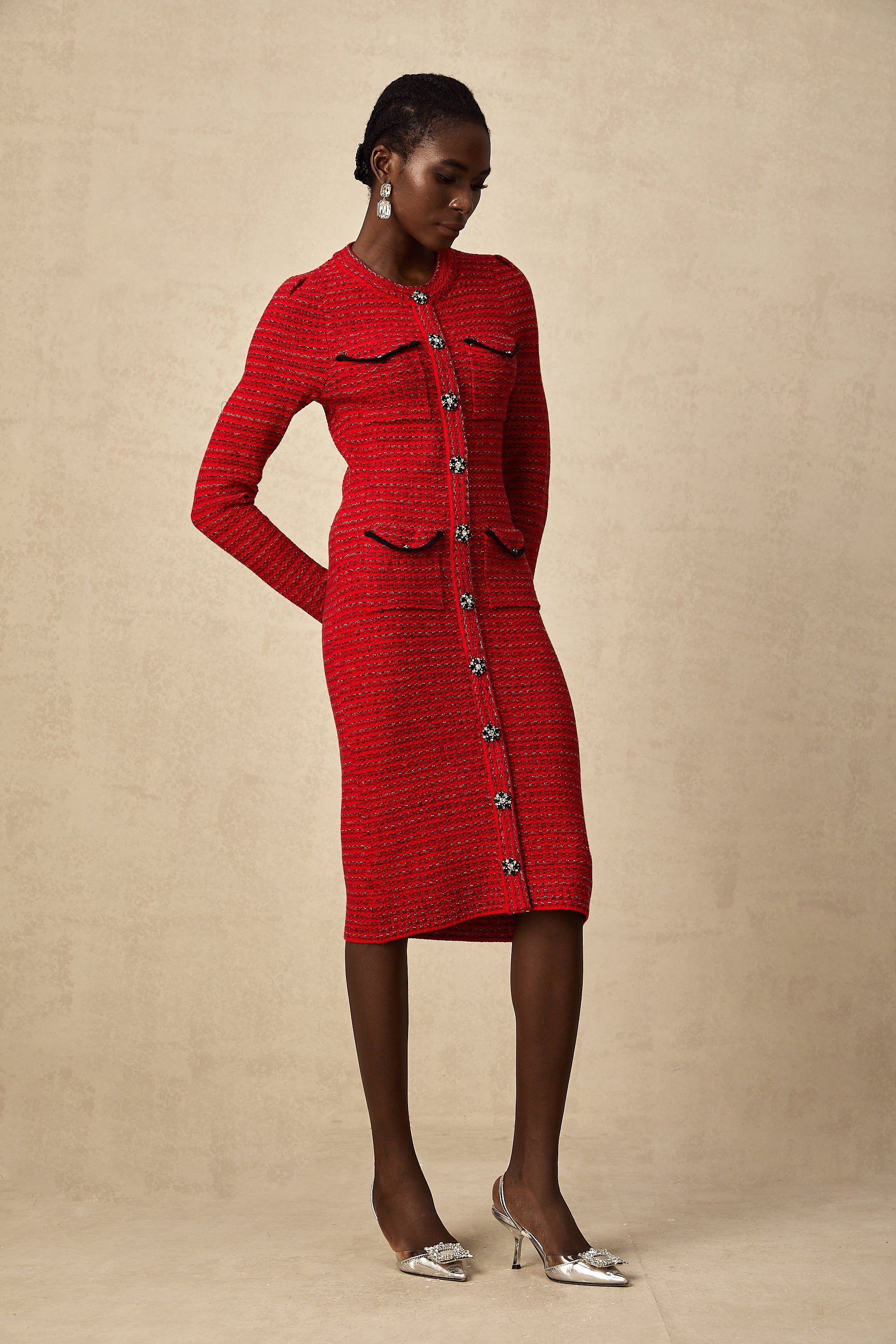 Faustine red embellished knit midi dress
