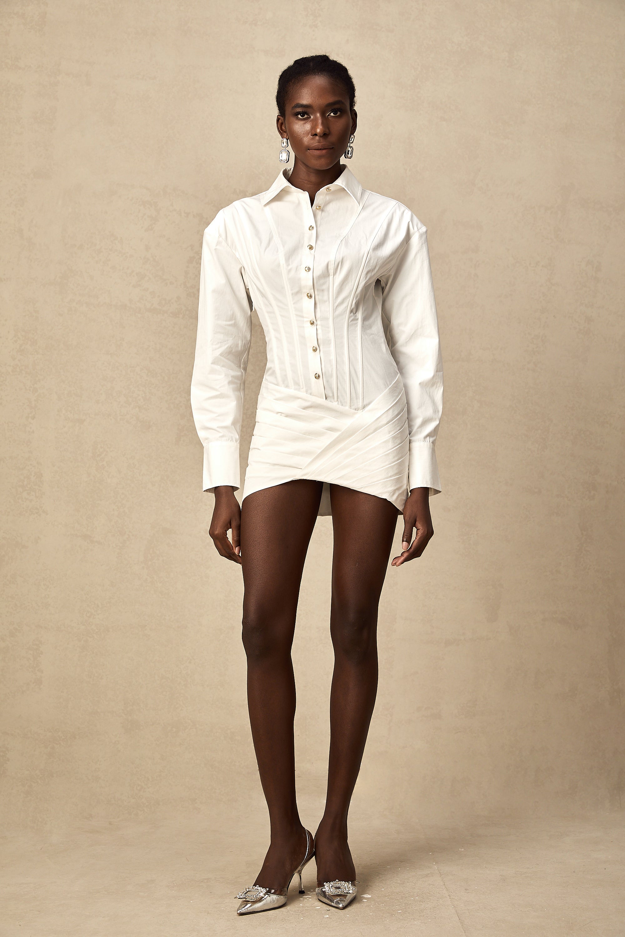 Orlane white cinched-waist pleated mini shirt dress (US Only)