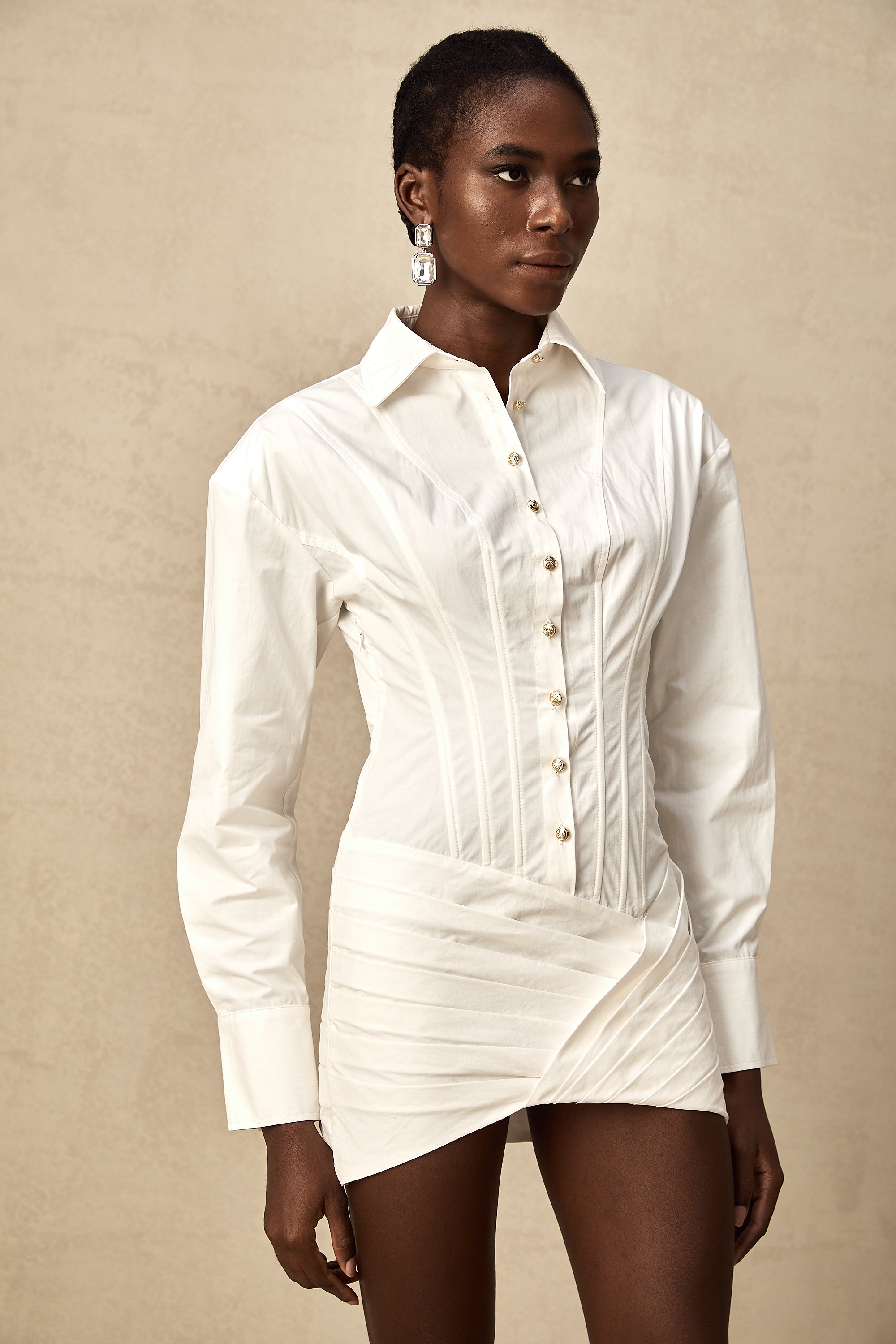Orlane white cinched-waist pleated mini shirt dress (US Only)