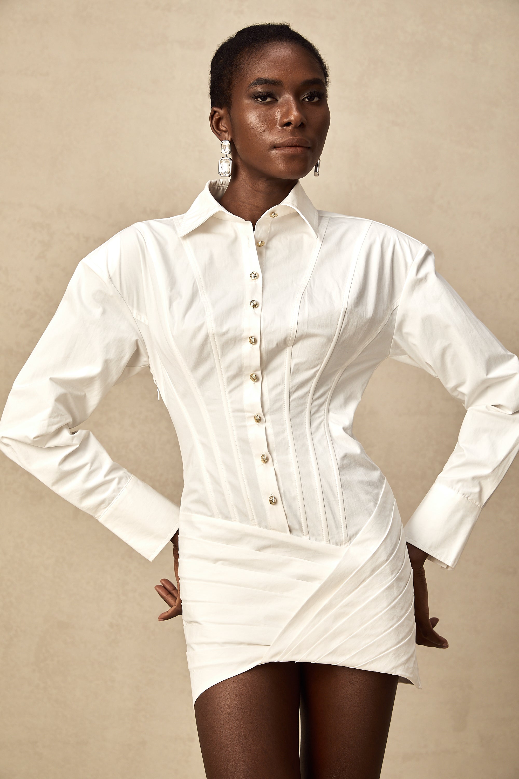 Orlane white cinched-waist pleated mini shirt dress (US Only)